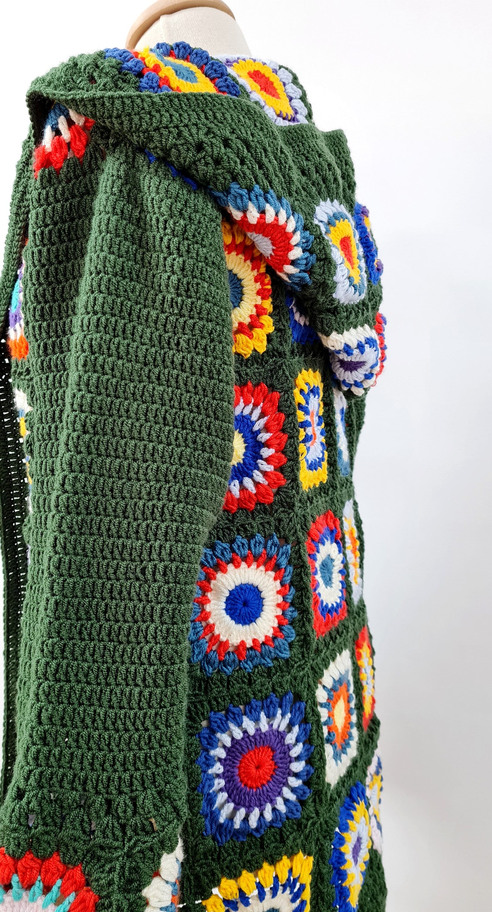 Handmade Crochet Hooded Cardigan: Green Granny Square Sweater
