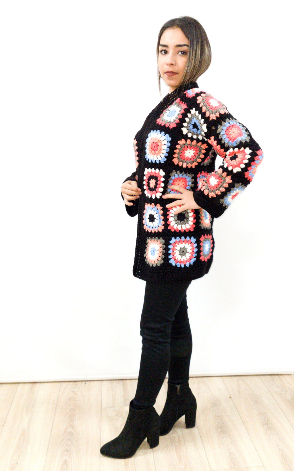 Handmade Granny Square Crochet Cardigan: Colorful Patchwork Open Front