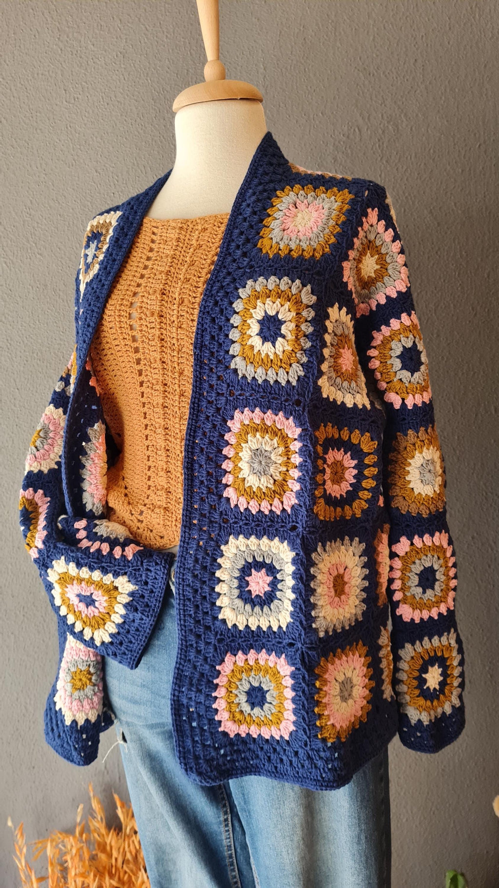 Granny Square Crochet Cardigan: Handmade Afghan Sweater, Retro Style