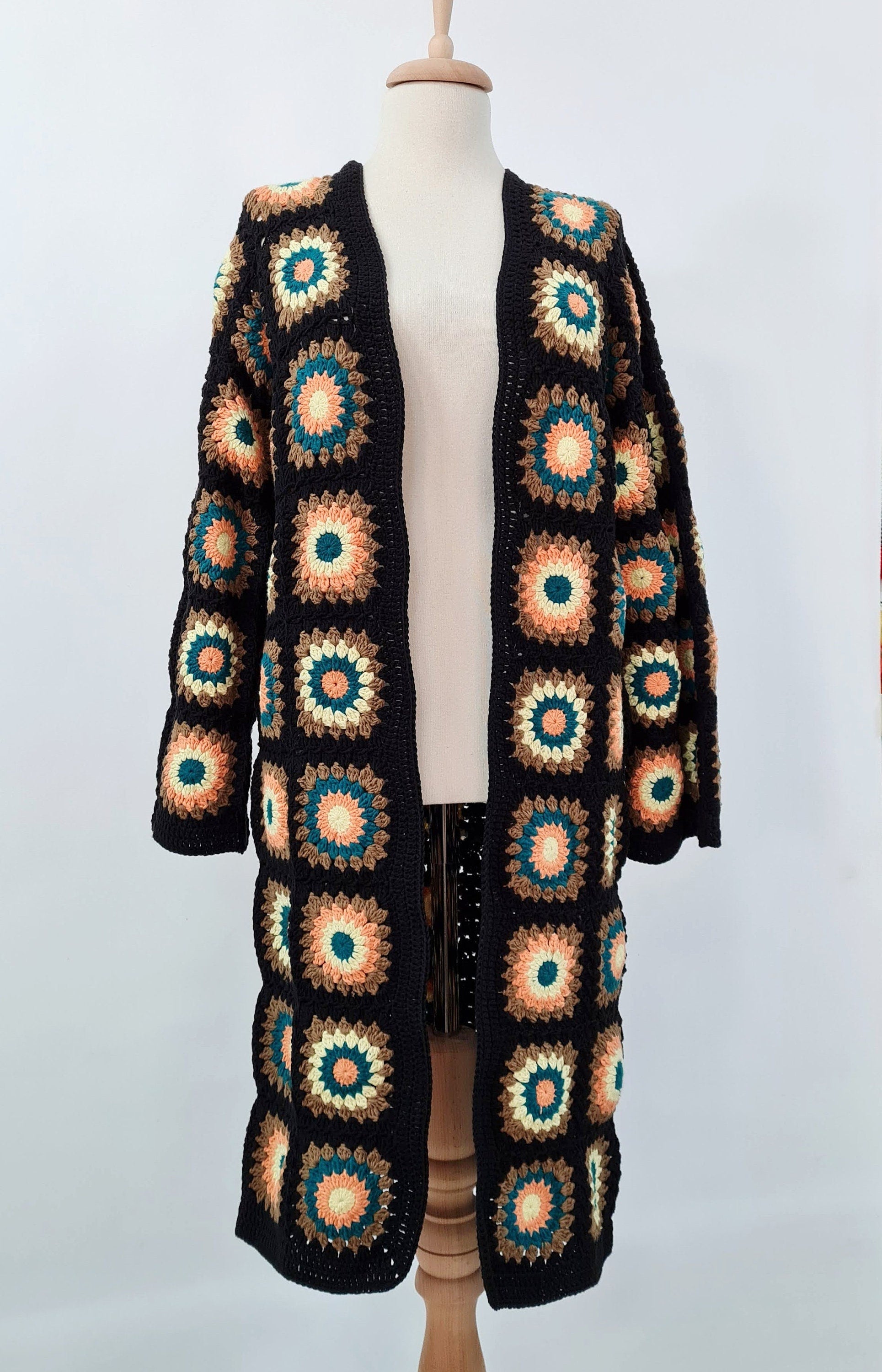 Crochet Granny Square Cardigan: Boho Cotton Afghan Coat