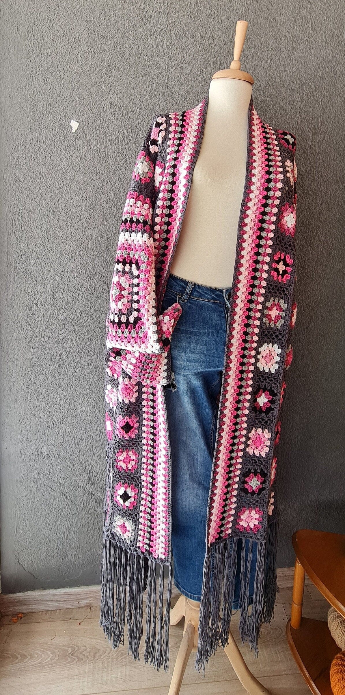 Granny Square Crochet Cardigan: Fringed Open Front Coat, Pink Purple Grey