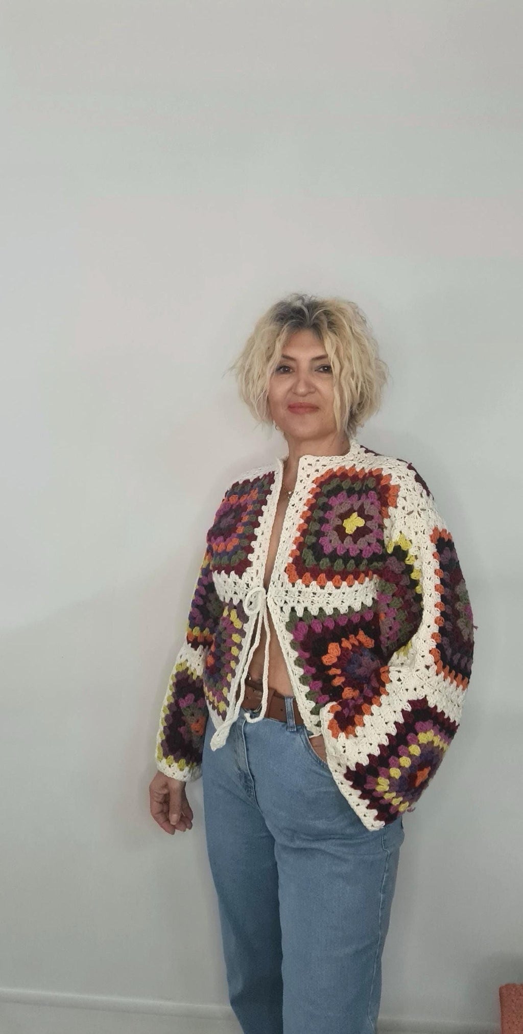Crochet Granny Square Cardigan: Multicolor Boho Festival Jacket
