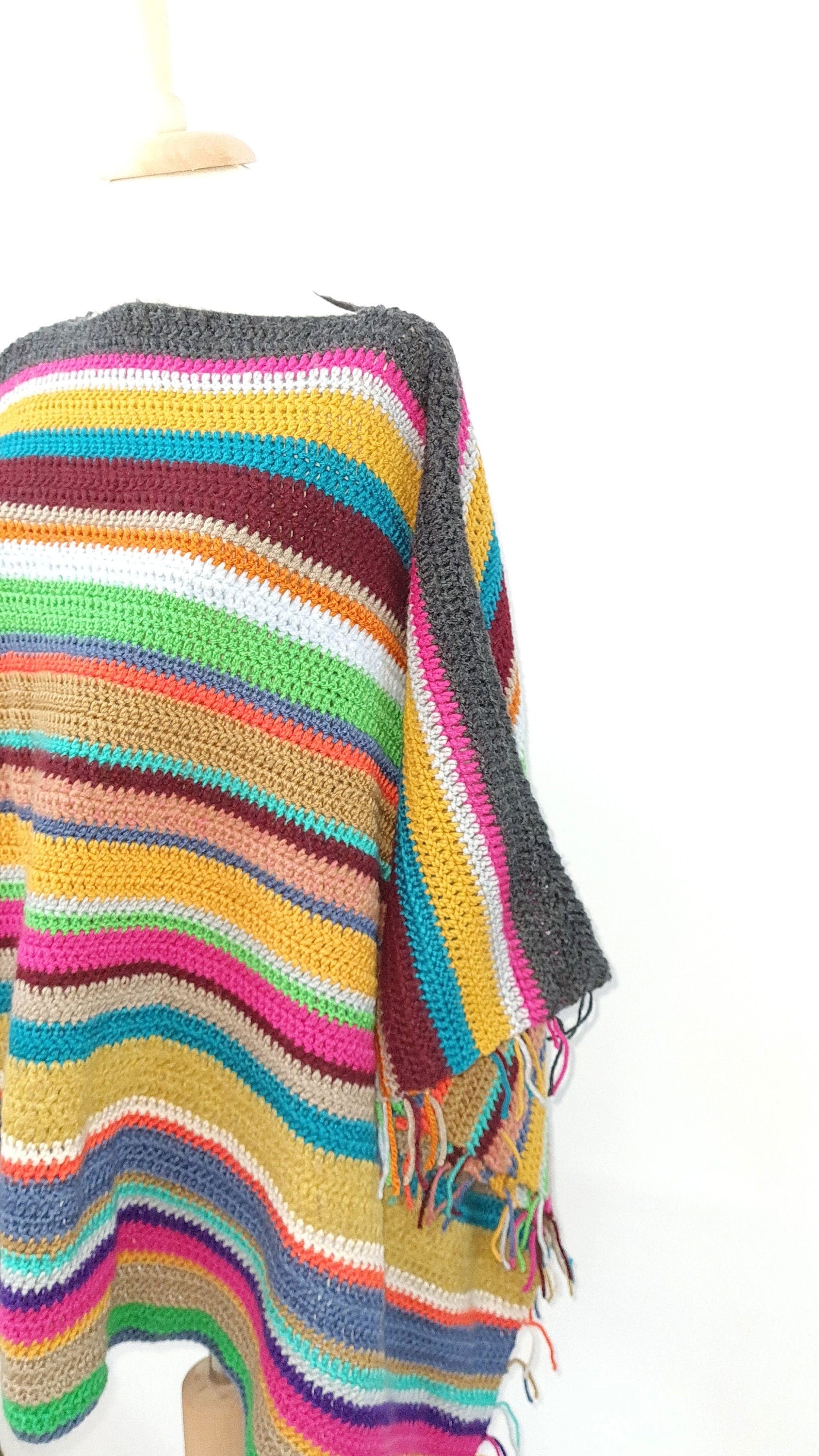 Wool Poncho, Striped and  Fringed Poncho, Oversize Wool Poncho