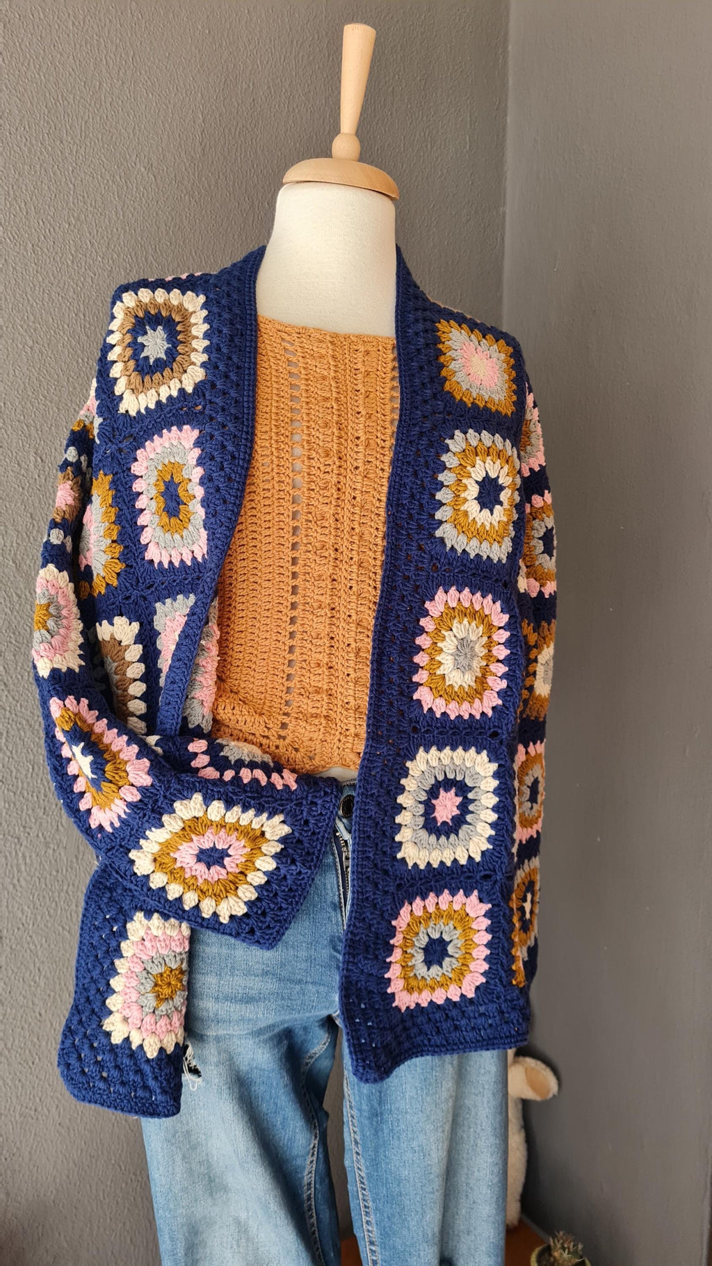 Granny Square Crochet Cardigan: Handmade Afghan Sweater, Retro Style