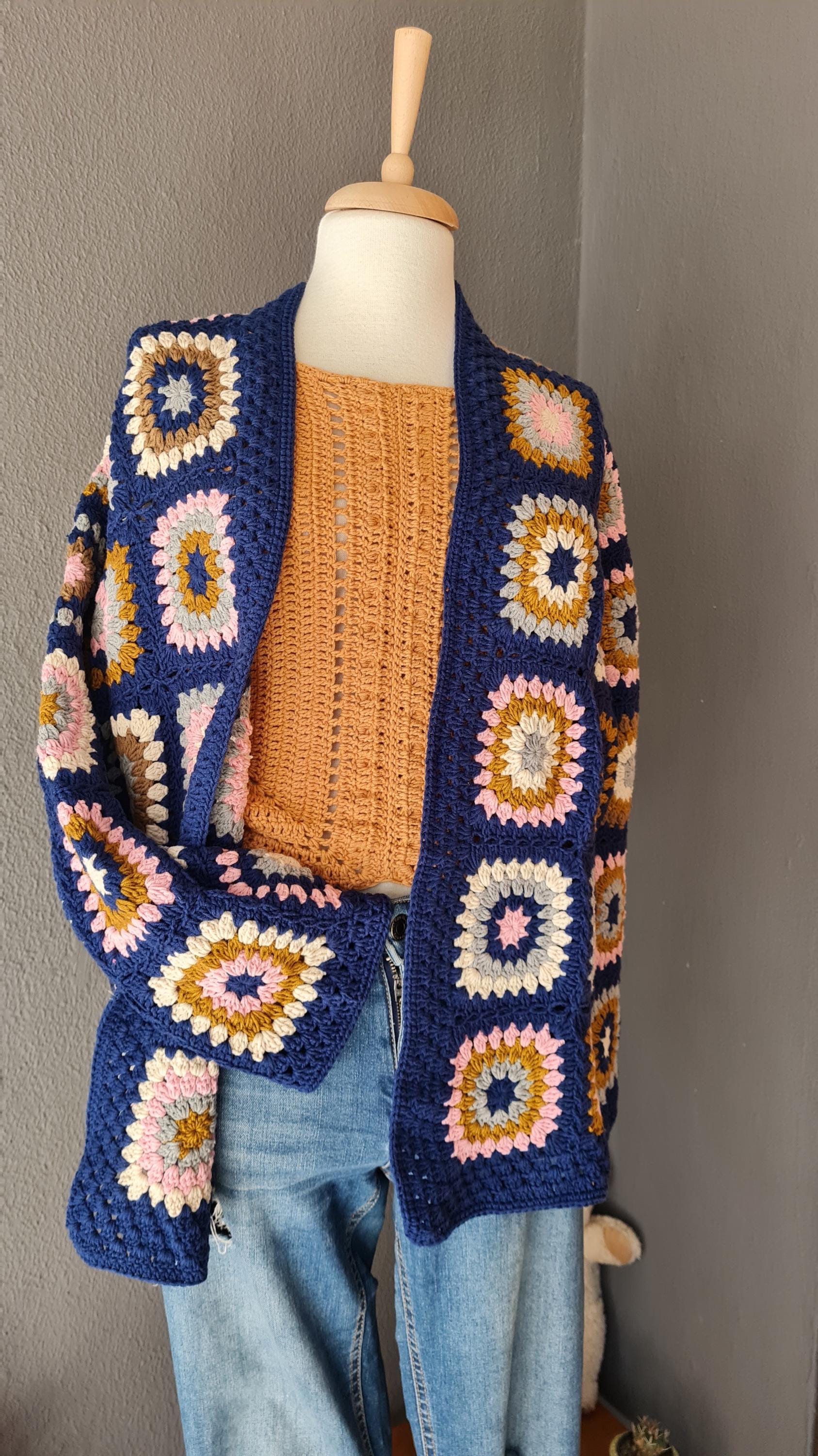 Granny Square Crochet Cardigan: Handmade Afghan Sweater, Retro Style