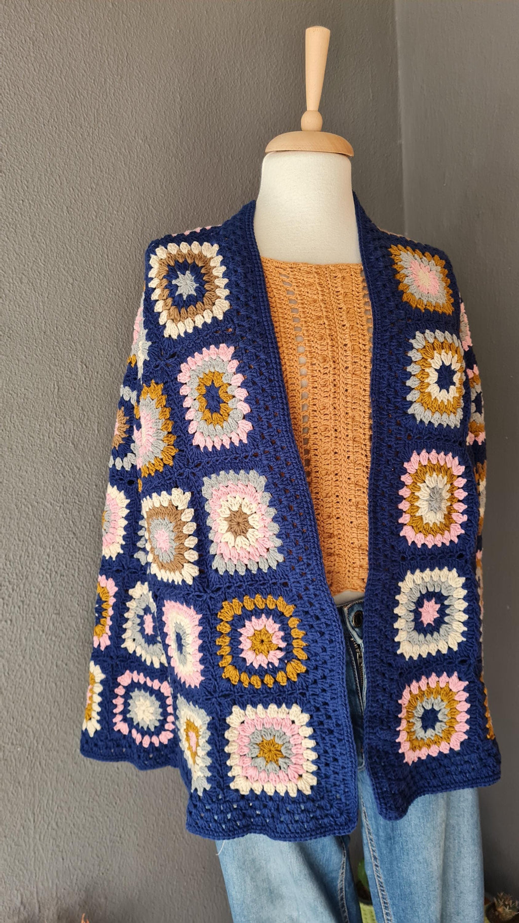 Granny Square Crochet Cardigan: Handmade Afghan Sweater, Retro Style