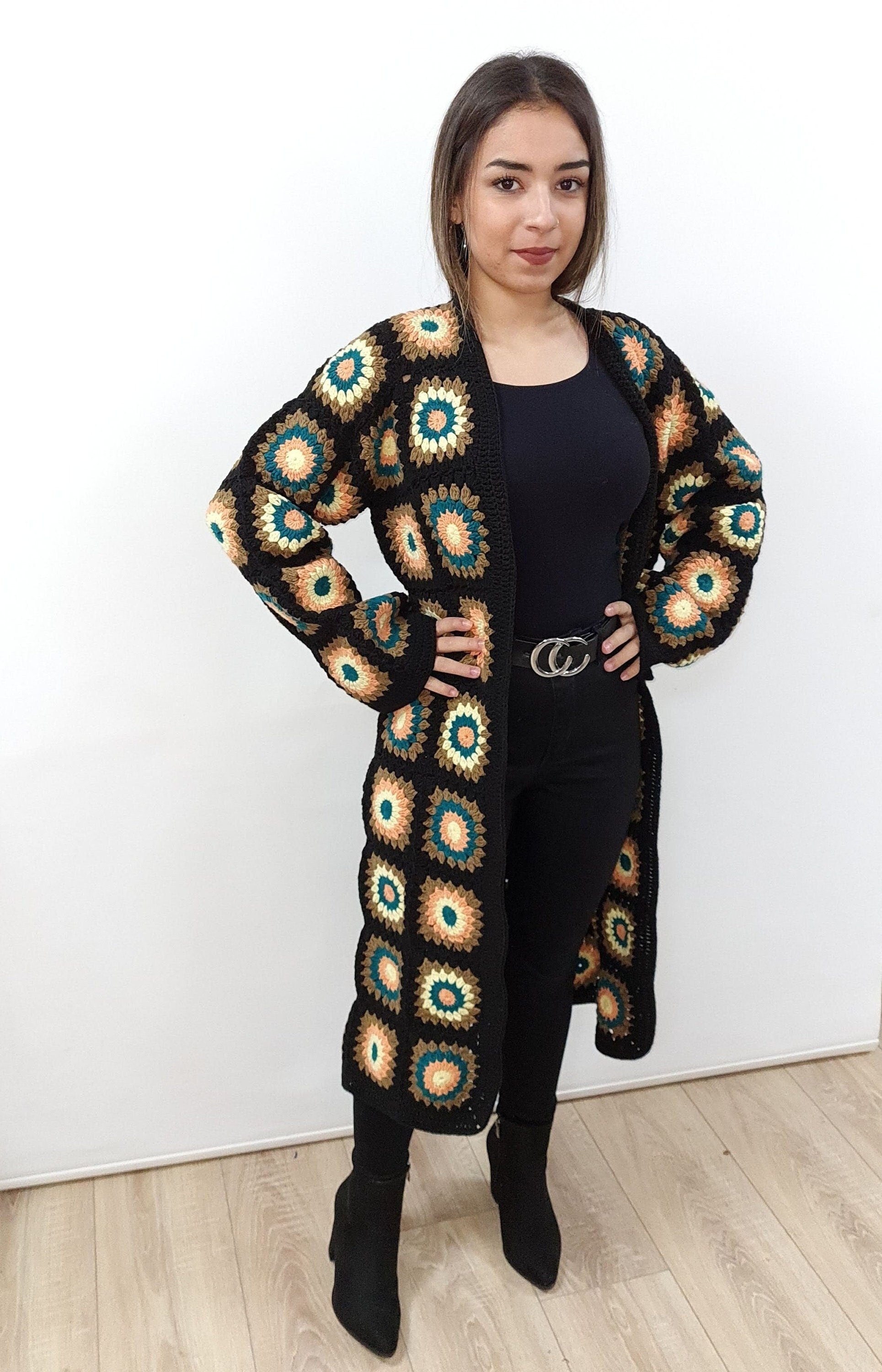 Crochet Granny Square Cardigan: Boho Cotton Afghan Coat