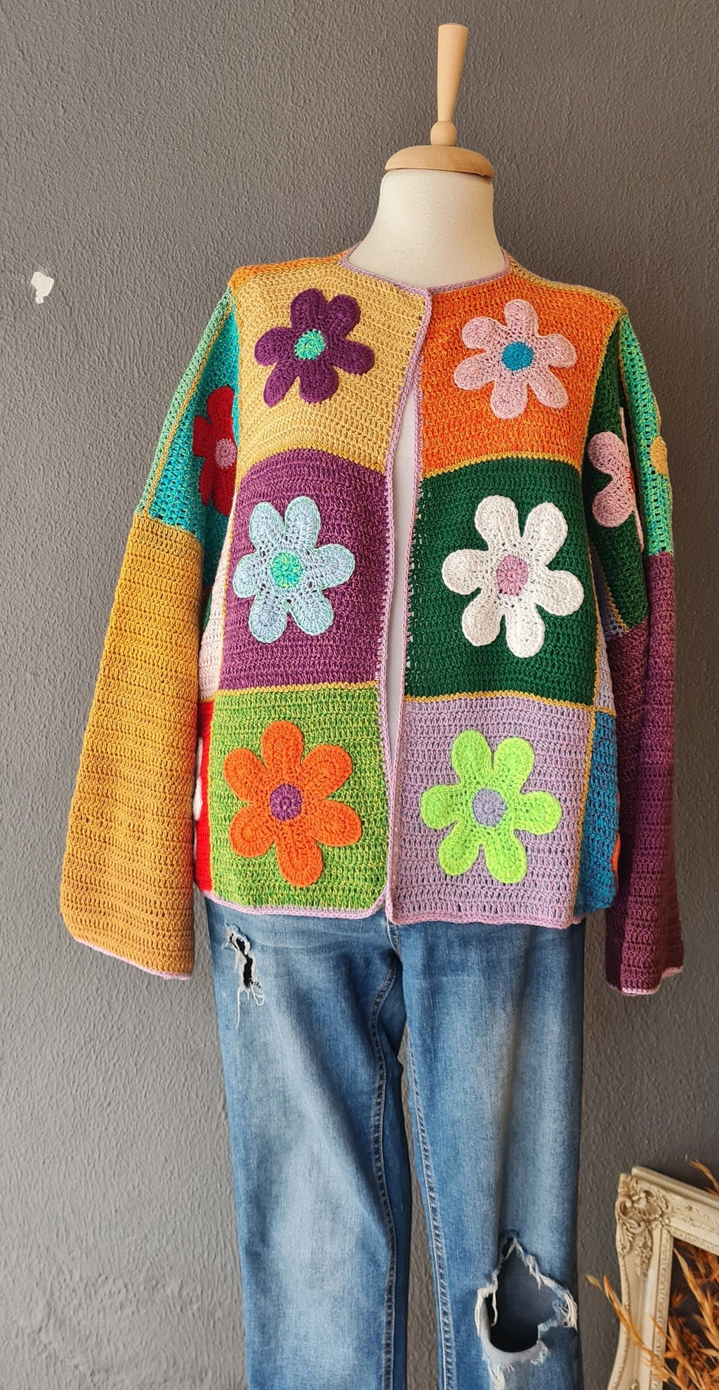 Daisy Crochet Cardigan: Organic Cotton Flower Patchwork Kimono