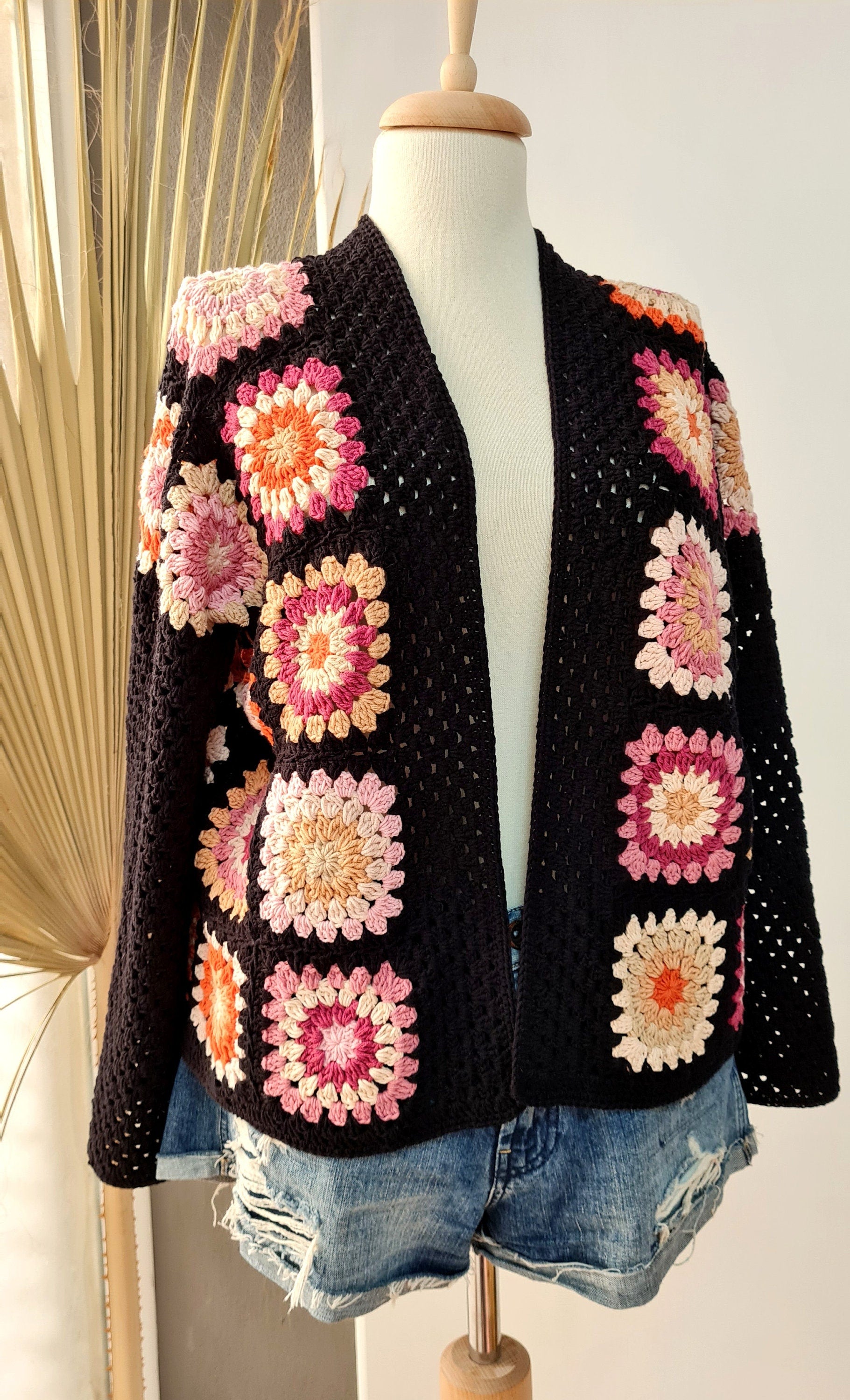 Black Crochet Granny Square Cardigan: Handmade Open Front Sweater