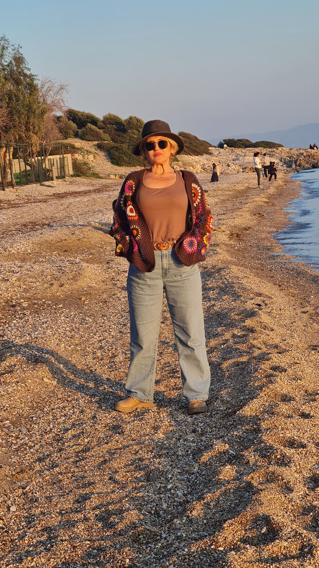 Handmade Granny Square Crochet Cardigan: Brown Merino Wool, Boho Chic