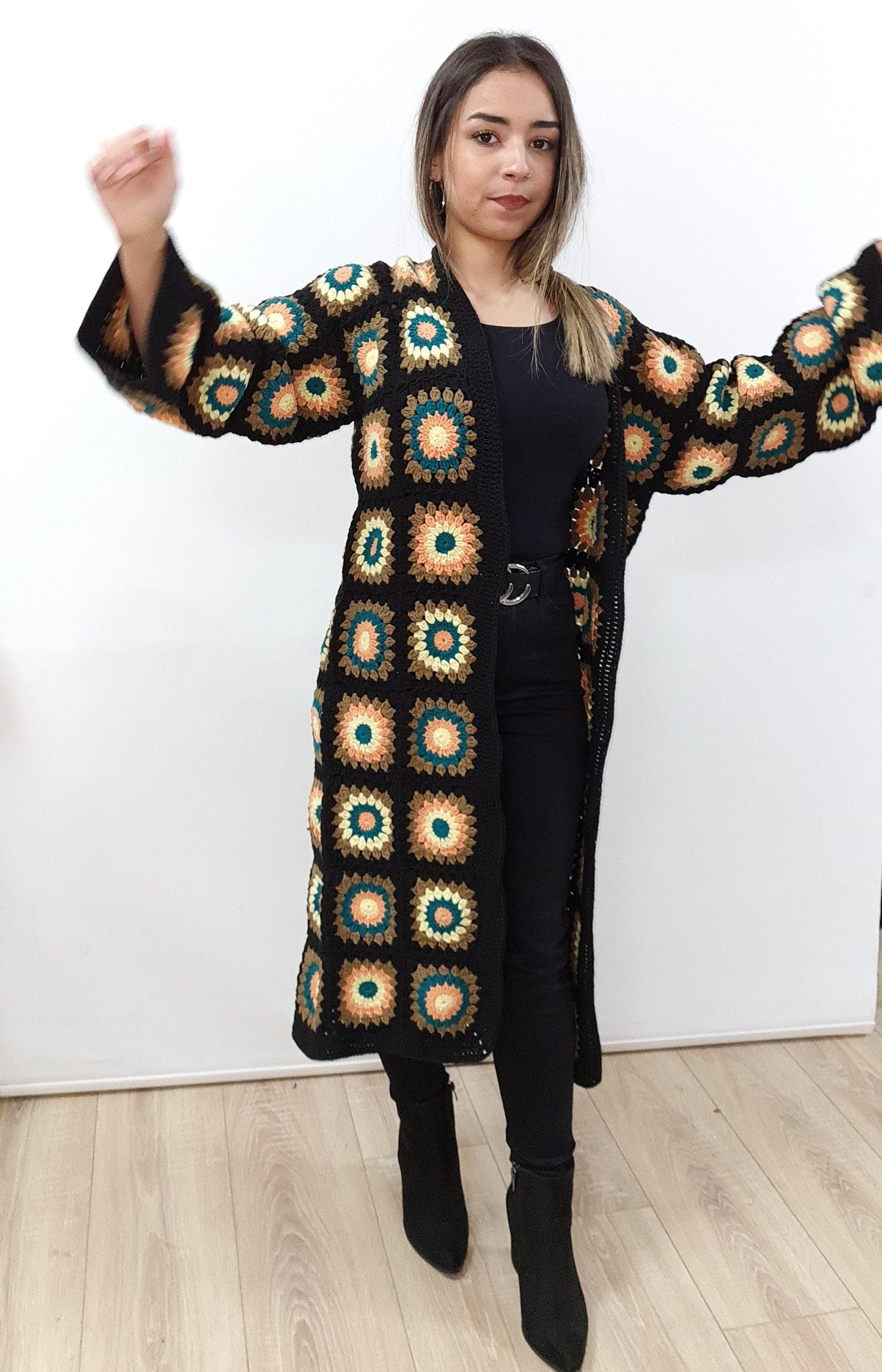 Crochet Granny Square Cardigan: Boho Cotton Afghan Coat