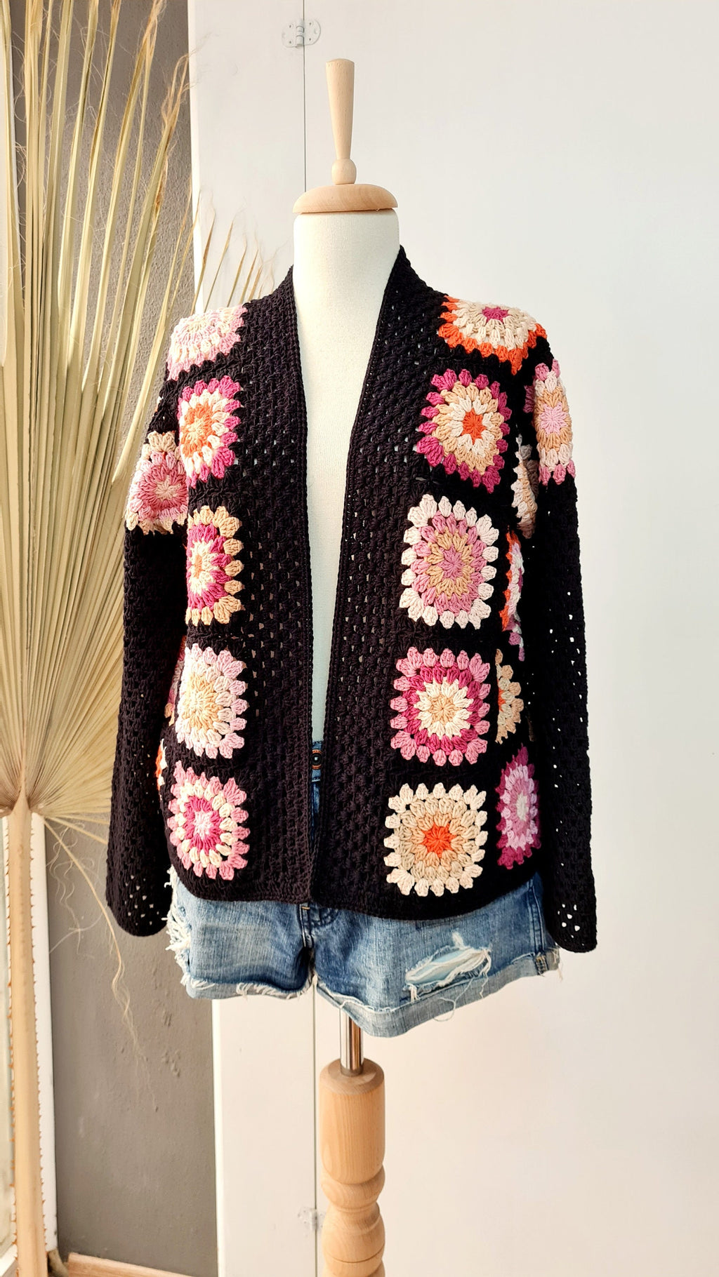 Black Crochet Granny Square Cardigan: Handmade Open Front Sweater