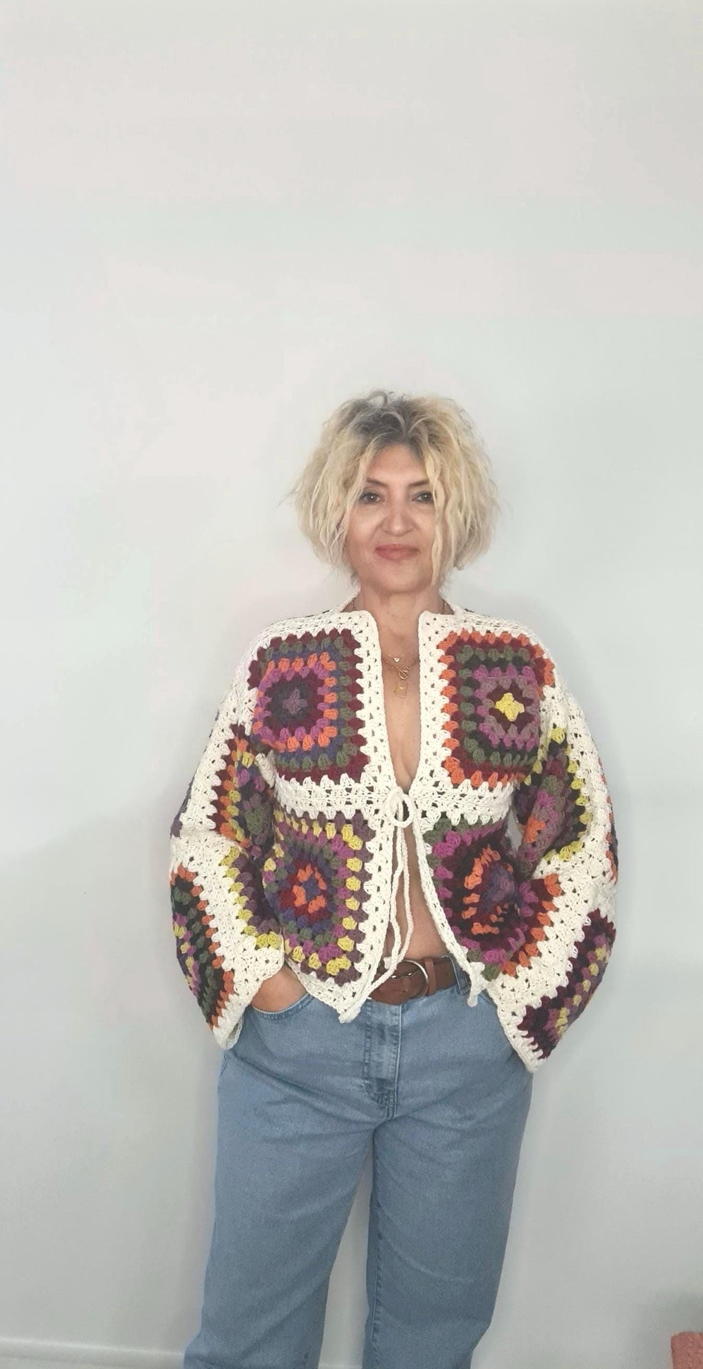 Crochet Granny Square Cardigan: Multicolor Boho Festival Jacket
