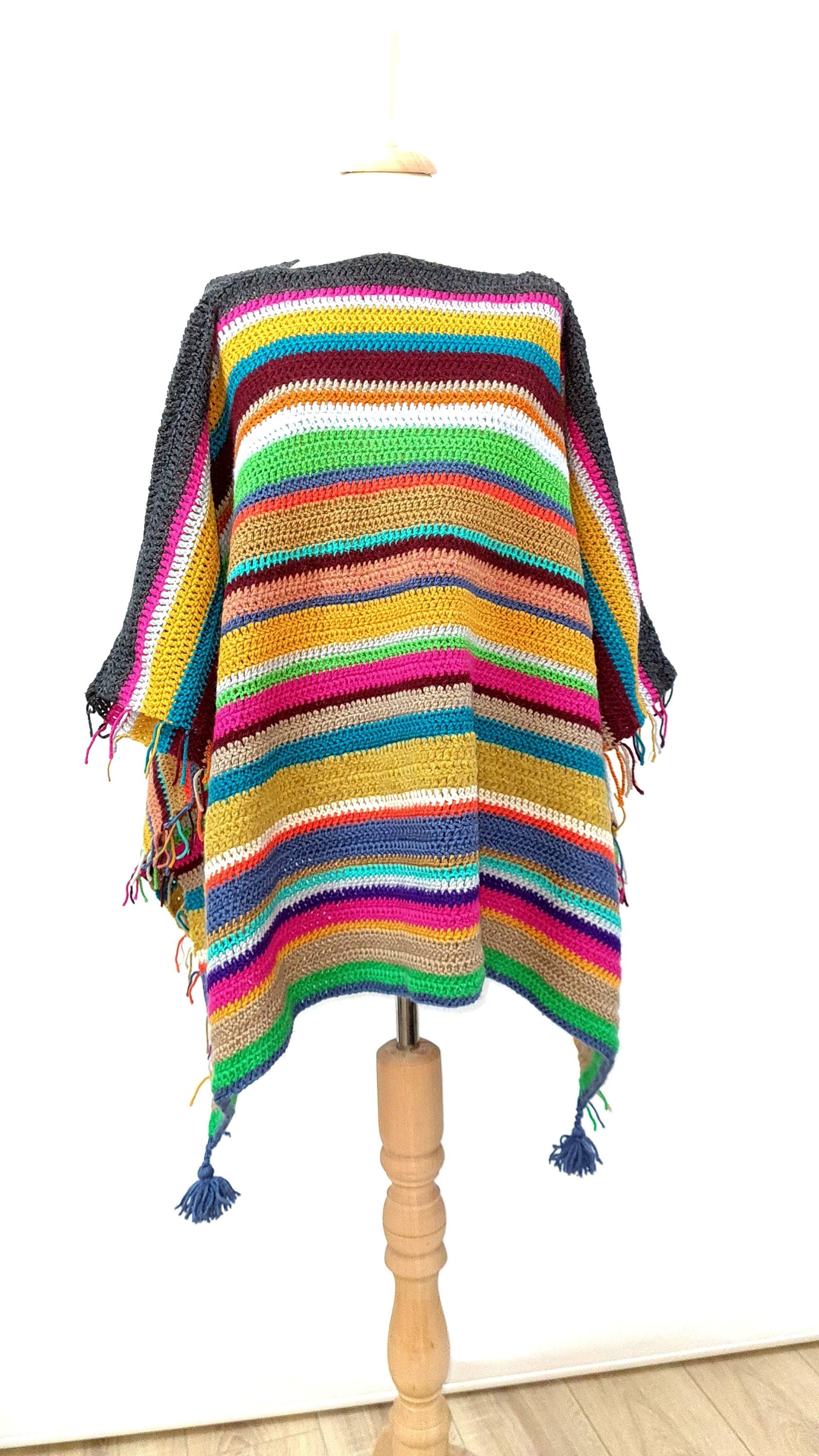 Wool Poncho, Striped and  Fringed Poncho, Oversize Wool Poncho