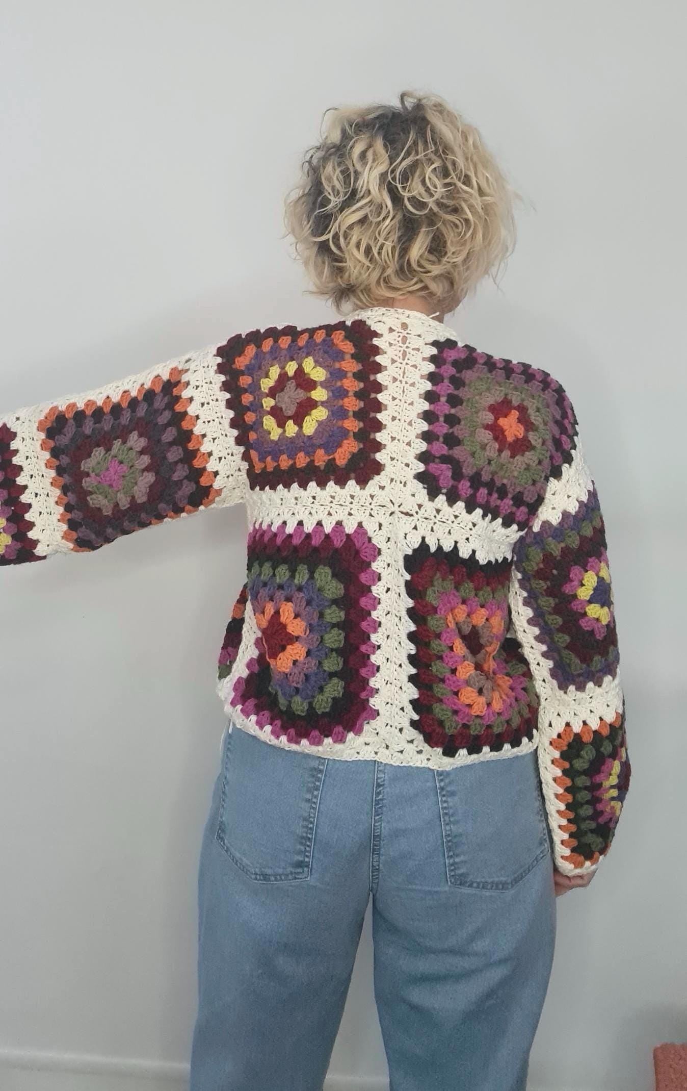 Crochet Granny Square Cardigan: Multicolor Boho Festival Jacket