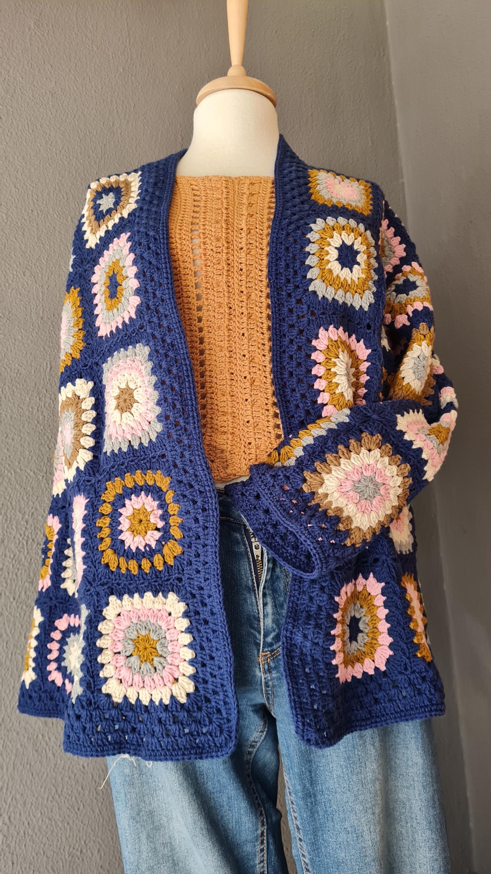 Granny Square Crochet Cardigan: Handmade Afghan Sweater, Retro Style
