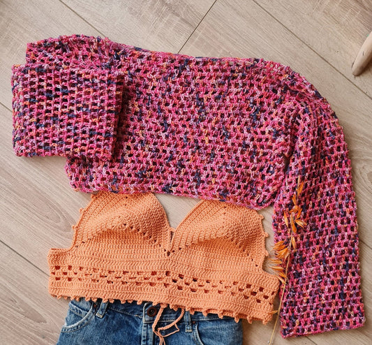 Crochet Mesh Crop Top Pattern, Long Sleeve Crochet Sweater,  Cute Mesh Top