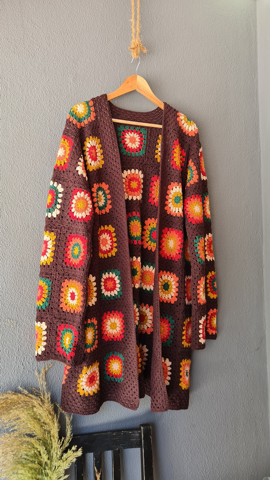 Handmade Granny Square Crochet Cardigan: Brown Patchwork Afghan Coat