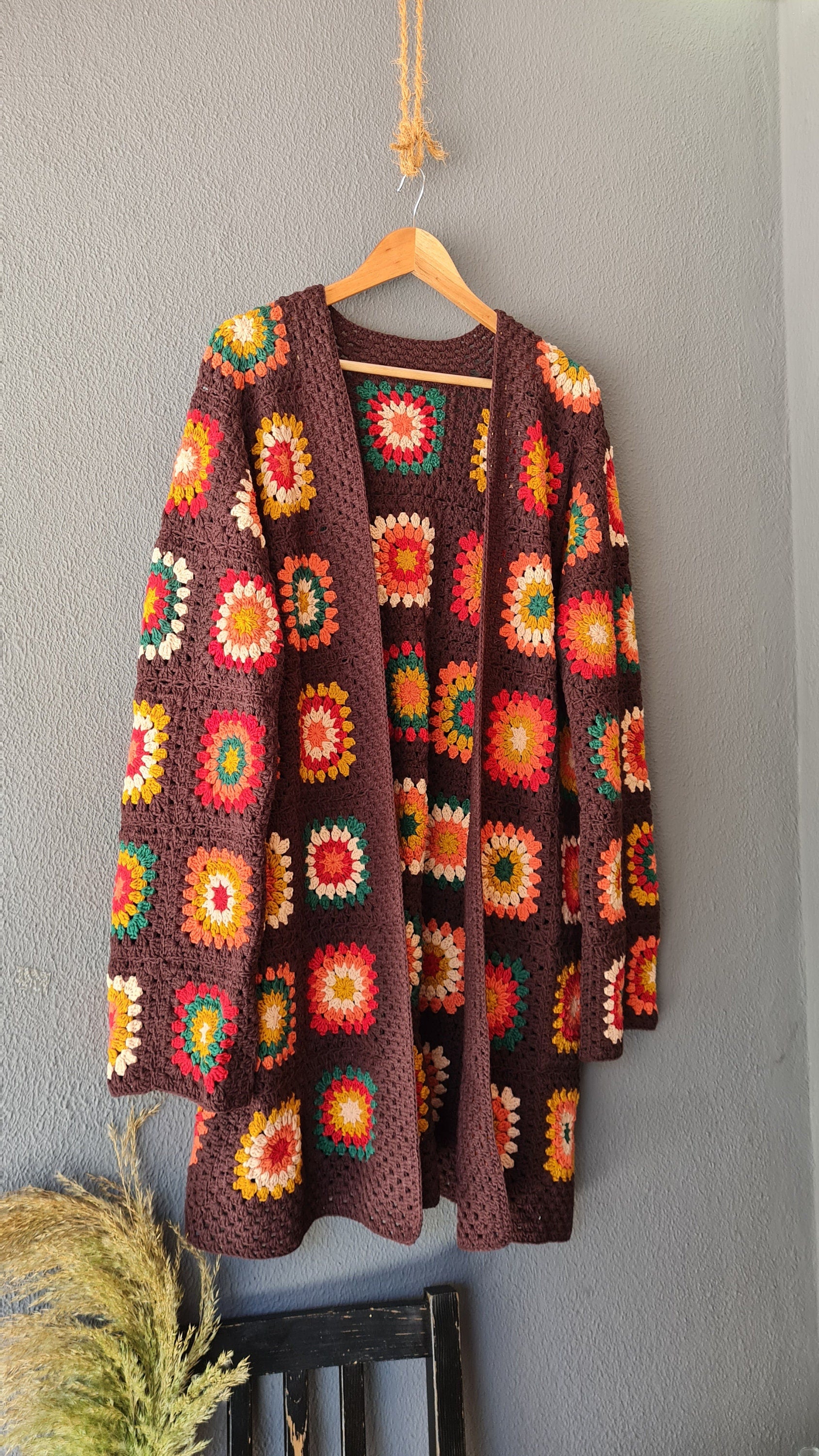 Handmade Granny Square Crochet Cardigan: Brown Patchwork Afghan Coat