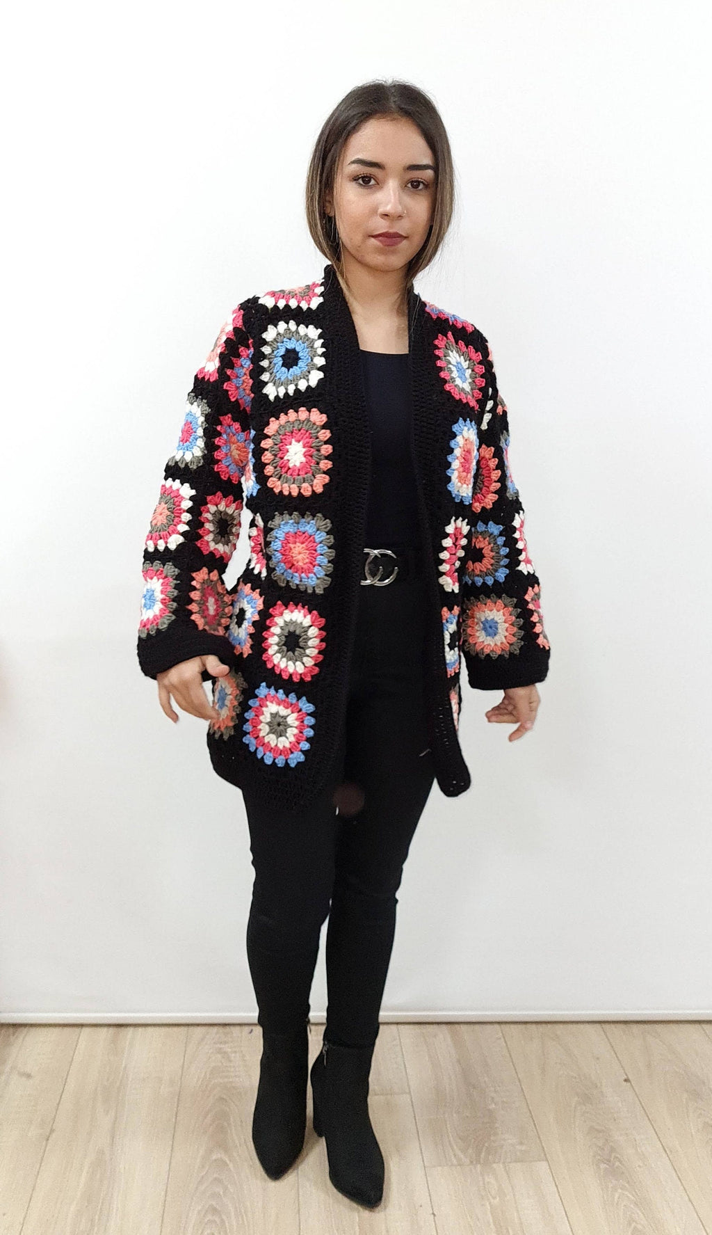 Handmade Granny Square Crochet Cardigan: Colorful Patchwork Open Front