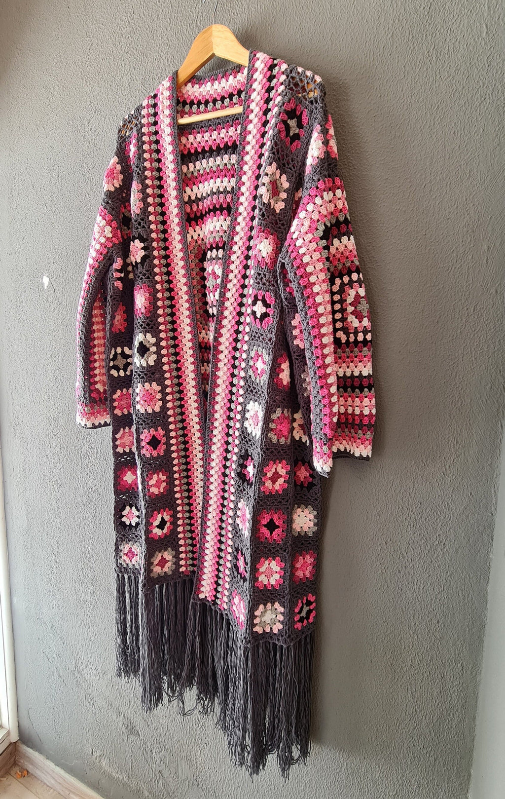 Granny Square Crochet Cardigan: Fringed Open Front Coat, Pink Purple Grey