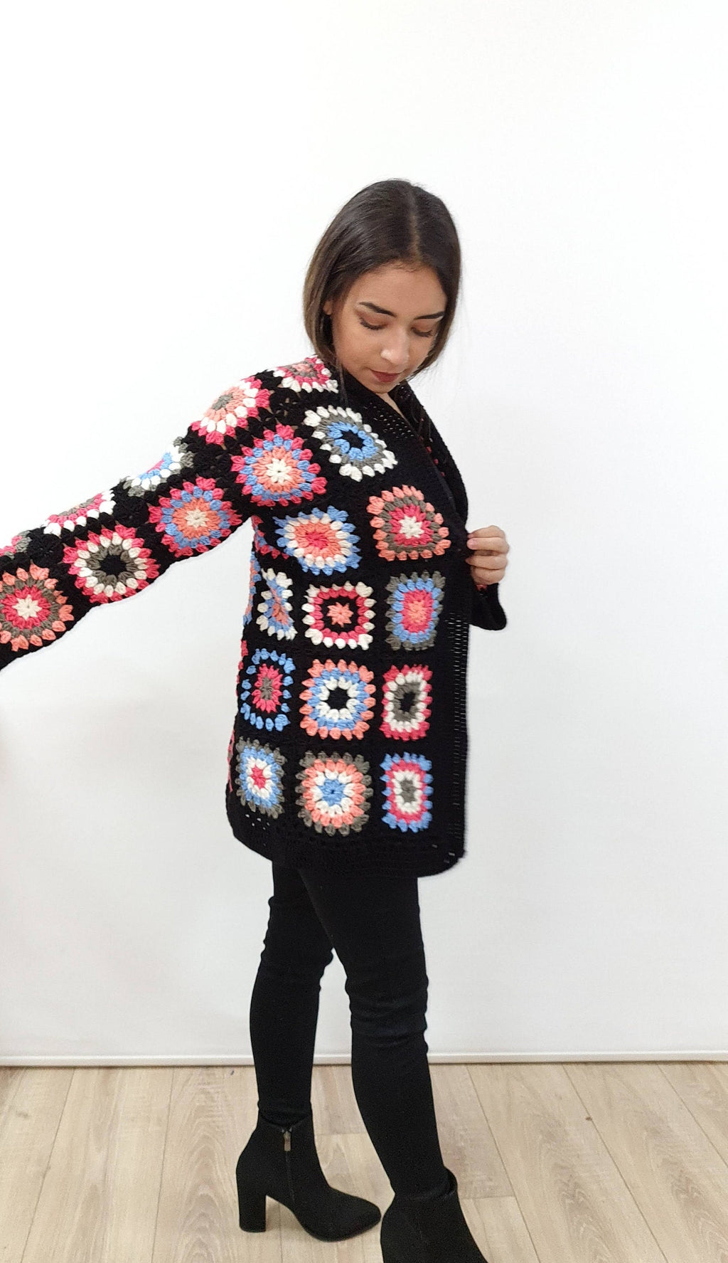 Handmade Granny Square Crochet Cardigan: Colorful Patchwork Open Front