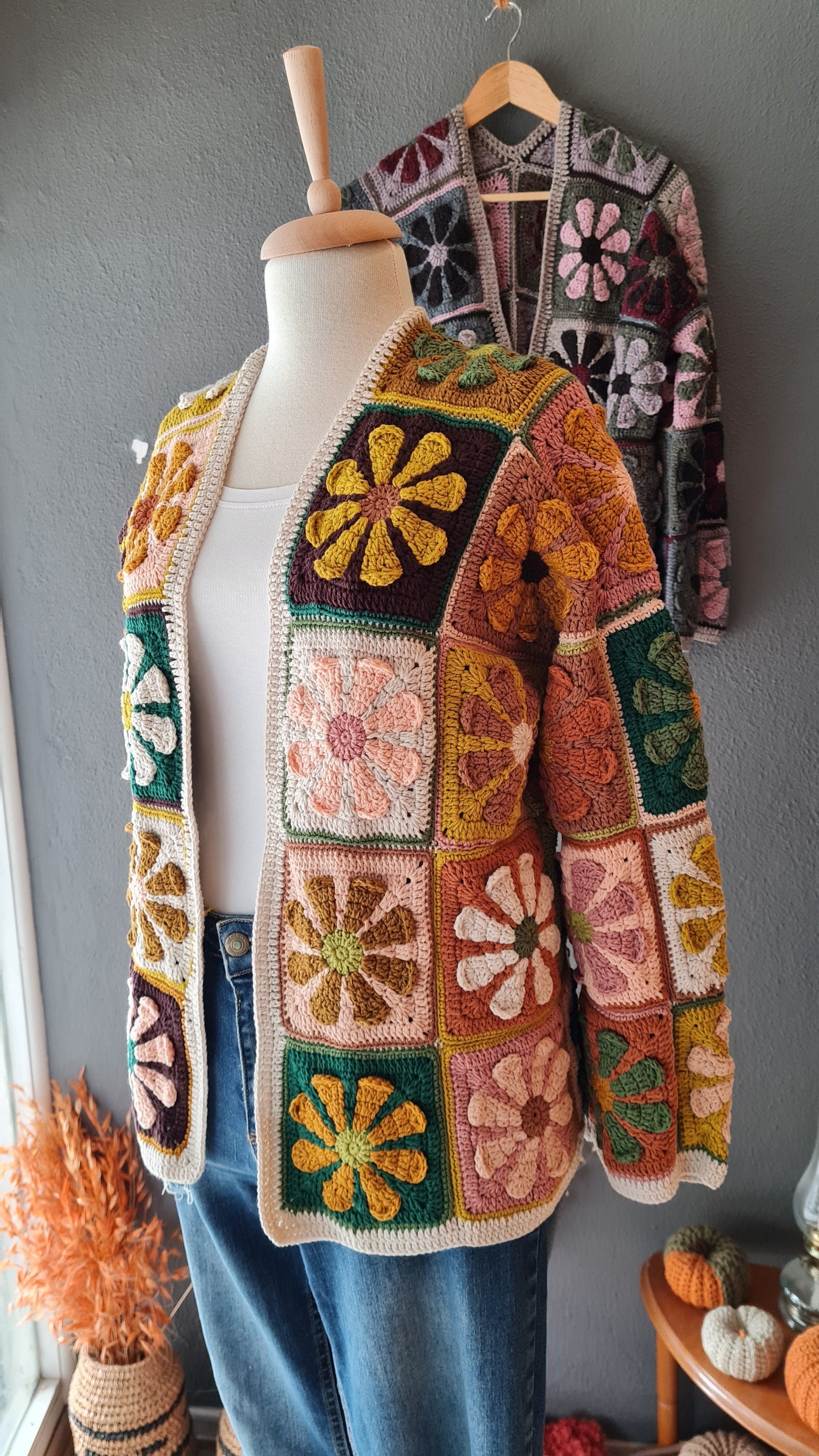 Daisy Flower Crochet Cardigan, Cropped Cardigan, Tax Free Floral  Sweater, Brown Patchwork Vest