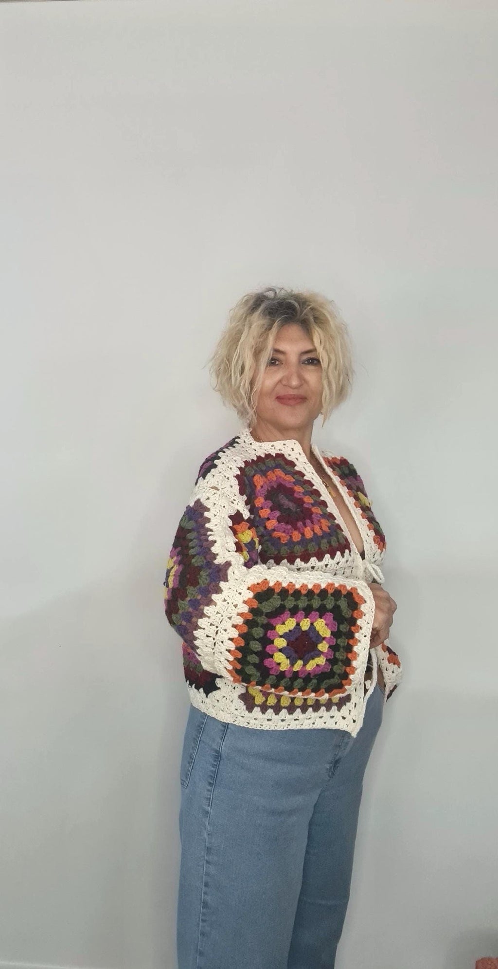 Crochet Granny Square Cardigan: Multicolor Boho Festival Jacket