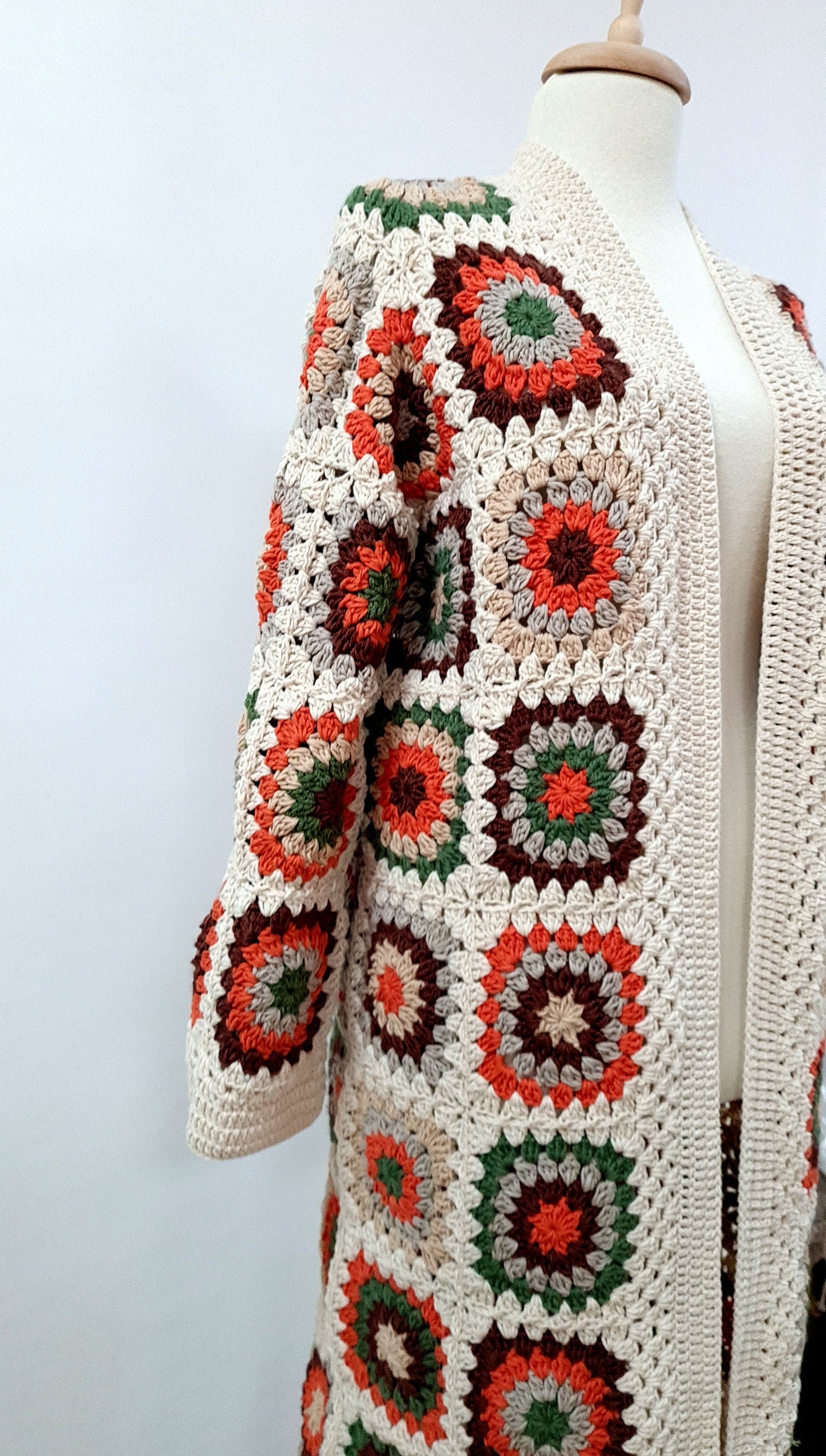 Handmade Crochet Granny Square Cardigan: Boho Patchwork Knit Coat