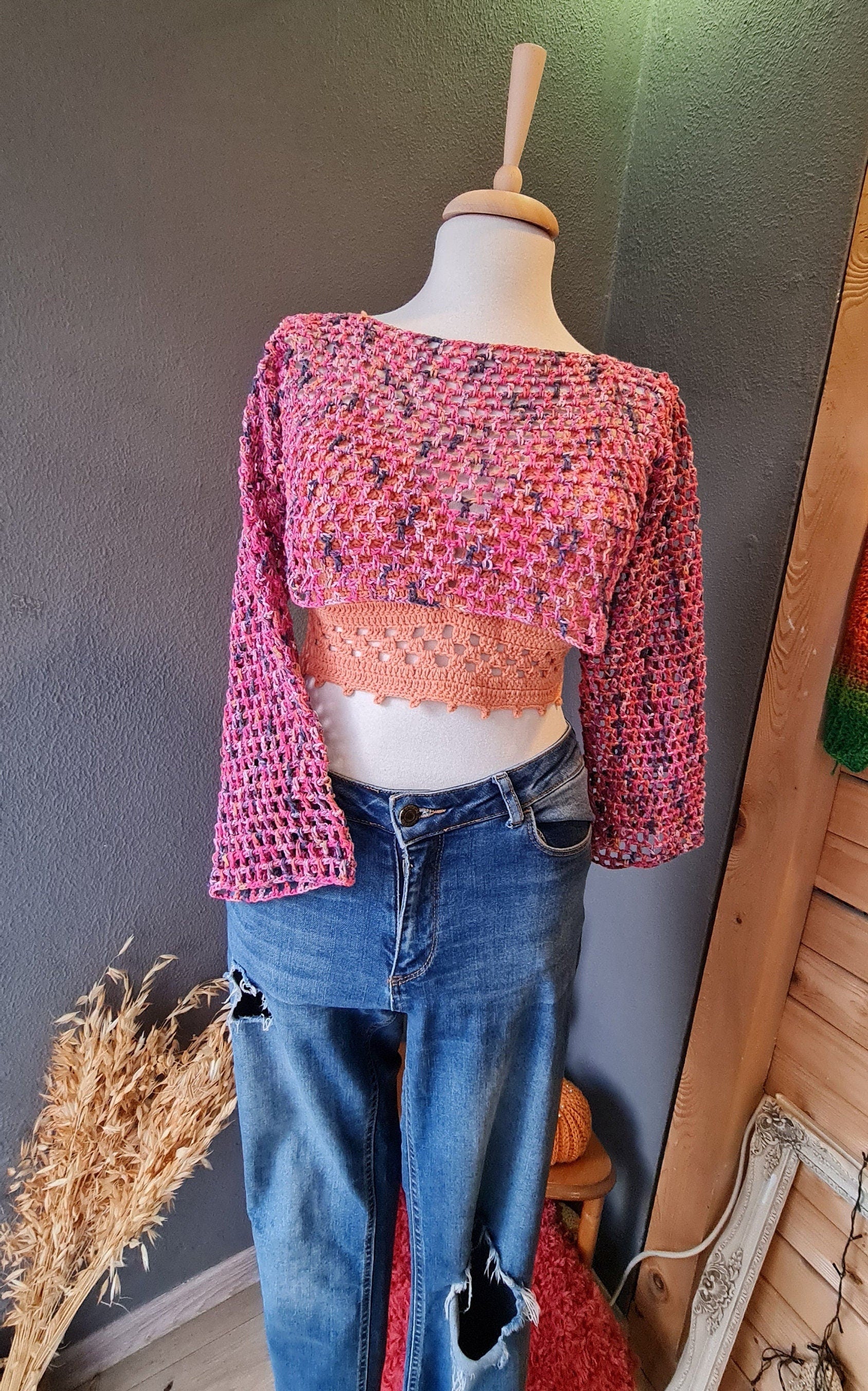 Crochet Mesh Crop Top Pattern, Long Sleeve Shrug (PDF Pattern)