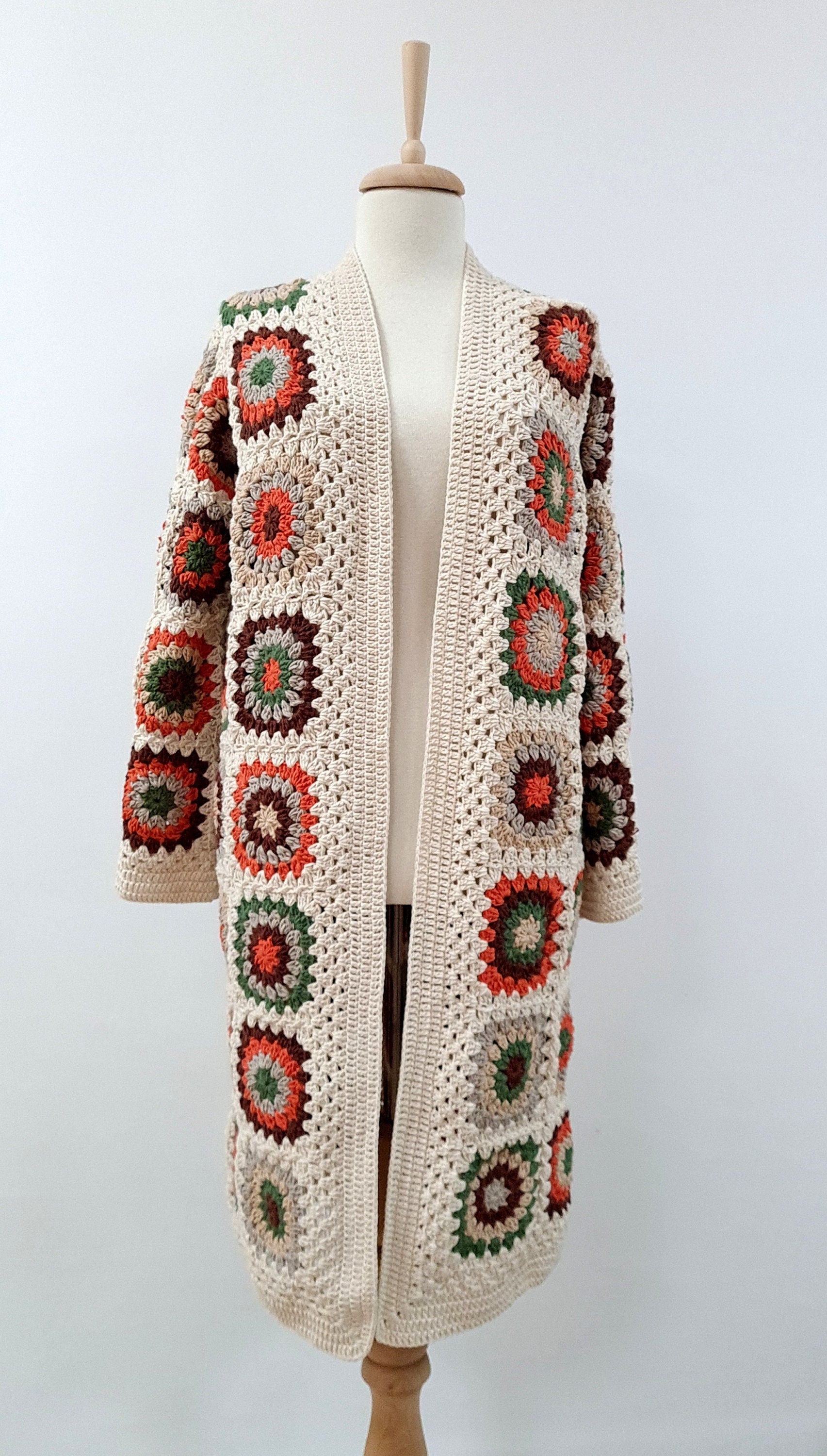 Handmade Crochet Granny Square Cardigan: Boho Patchwork Knit Coat