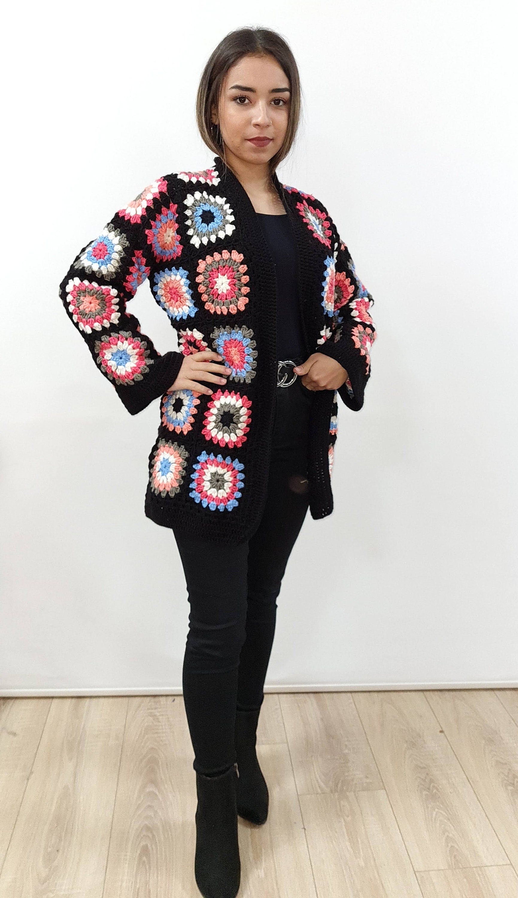 Handmade Granny Square Crochet Cardigan: Colorful Patchwork Open Front