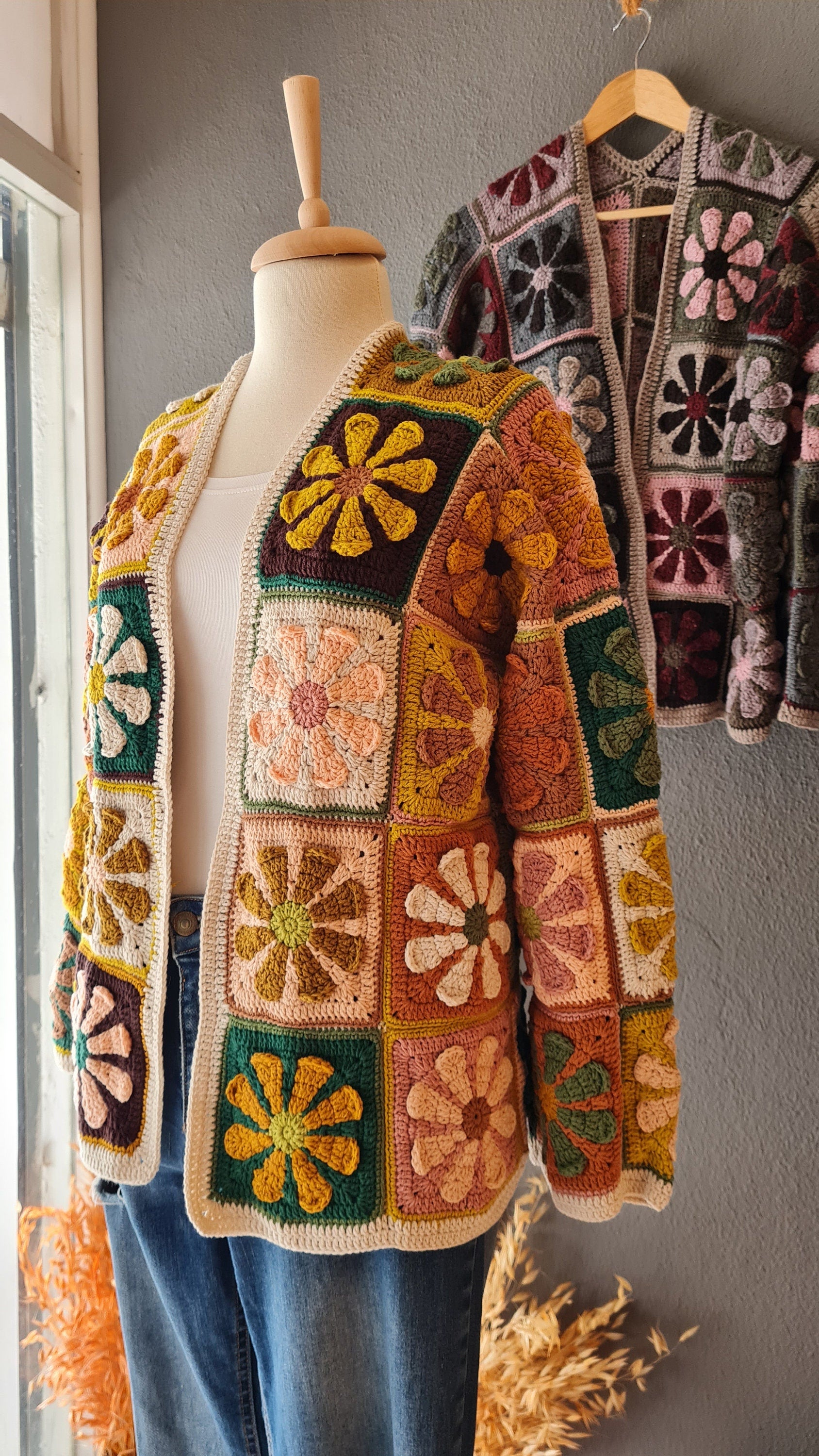 Daisy Flower Crochet Cardigan, Cropped Cardigan, Tax Free Floral  Sweater, Brown Patchwork Vest