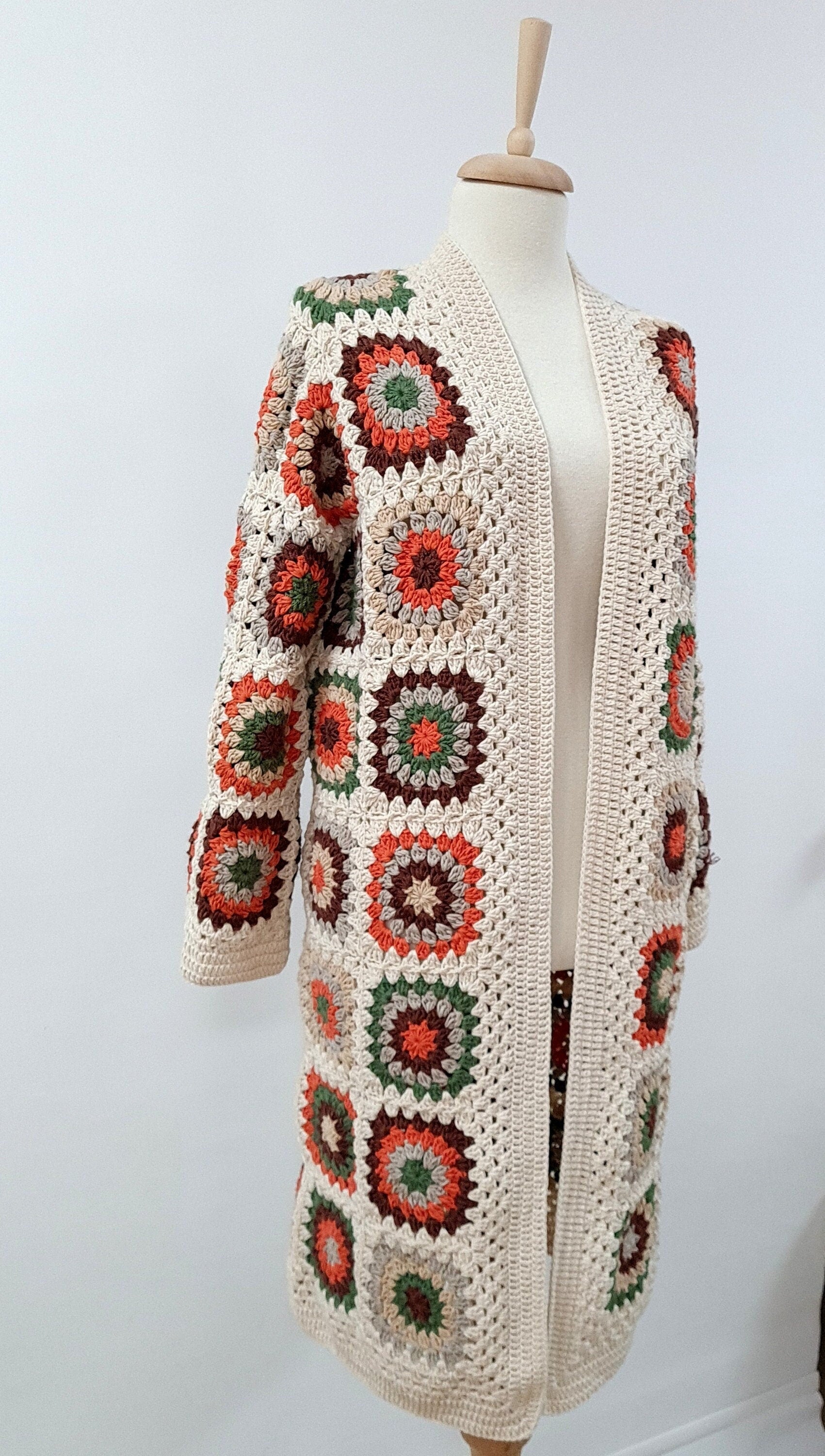Handmade Crochet Granny Square Cardigan: Boho Patchwork Knit Coat