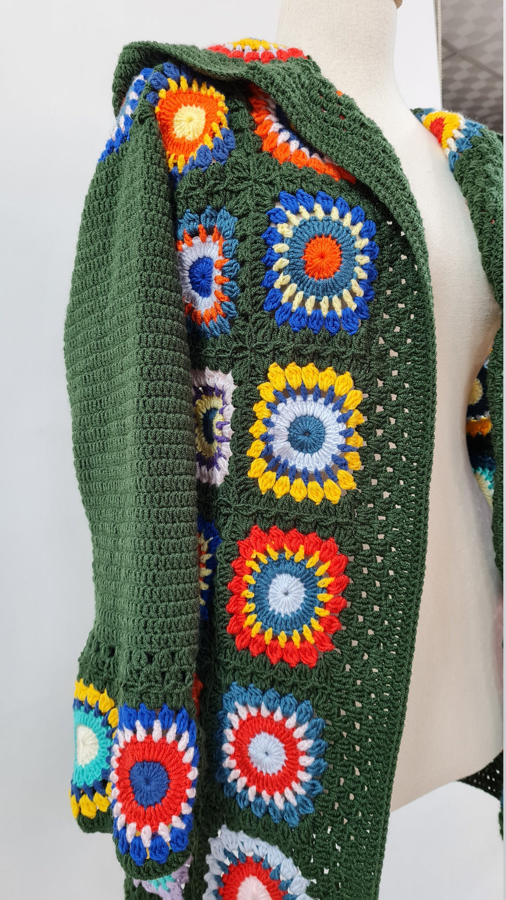 Handmade Crochet Hooded Cardigan: Green Granny Square Sweater
