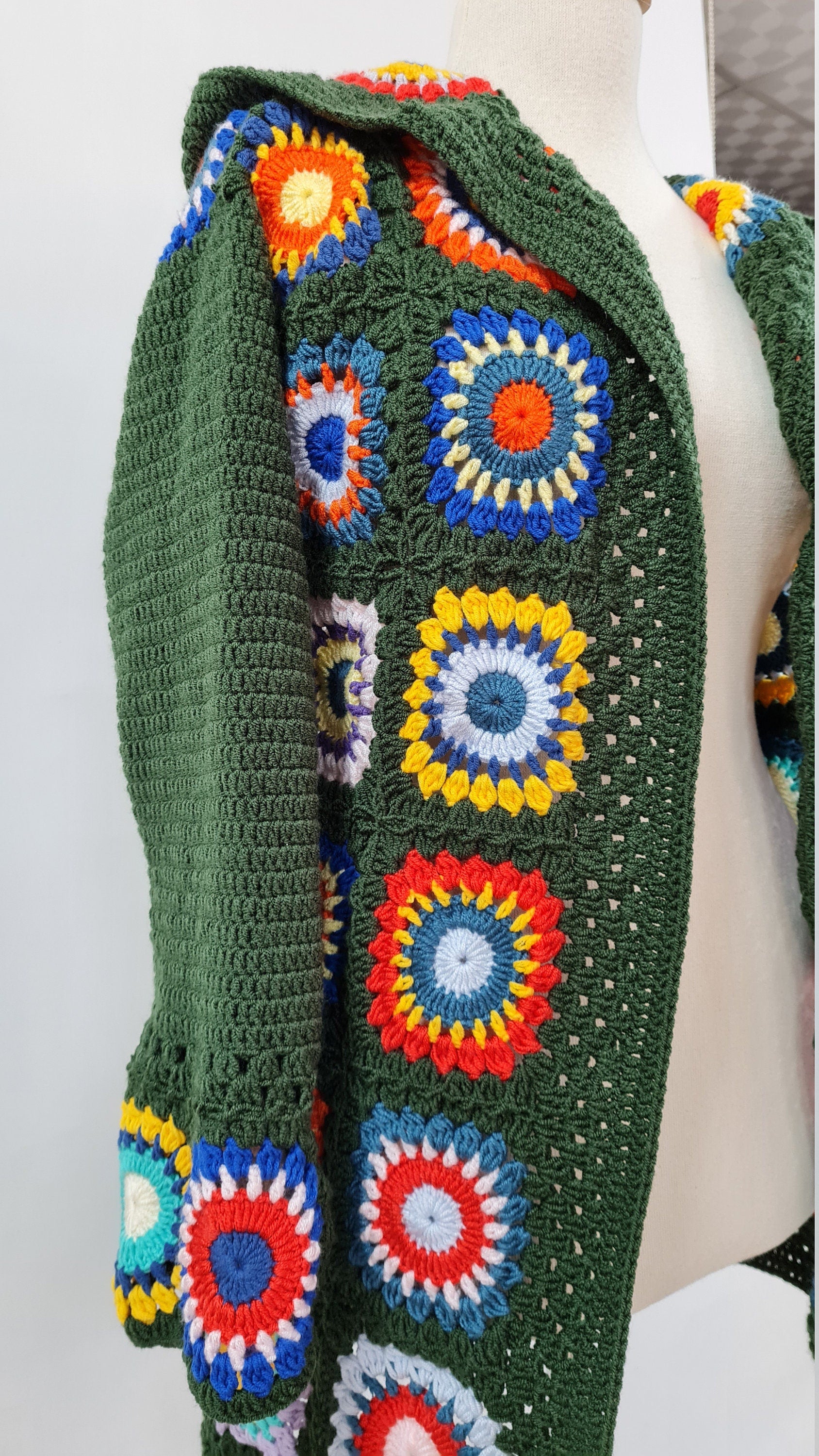 Handmade Crochet Hooded Cardigan: Green Granny Square Sweater