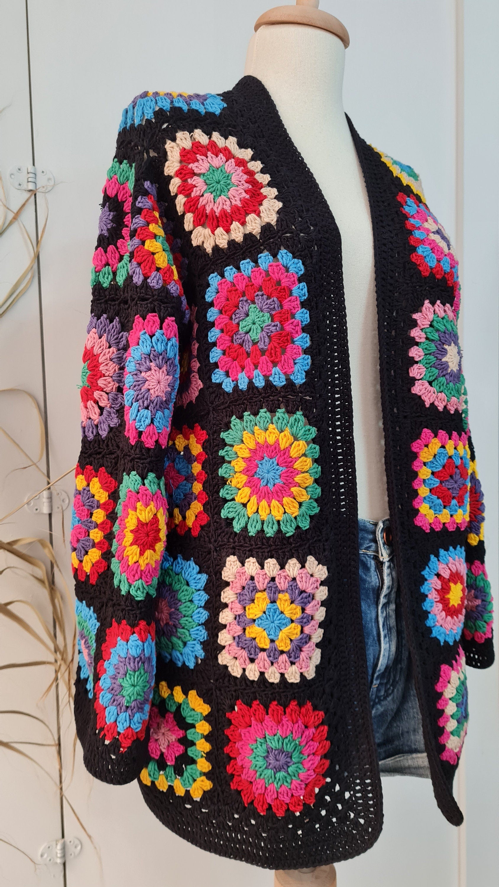Colorful Crochet Cardigan, Four Season Sweater, Boho Jacket, Granny Square Design, Vintage Design