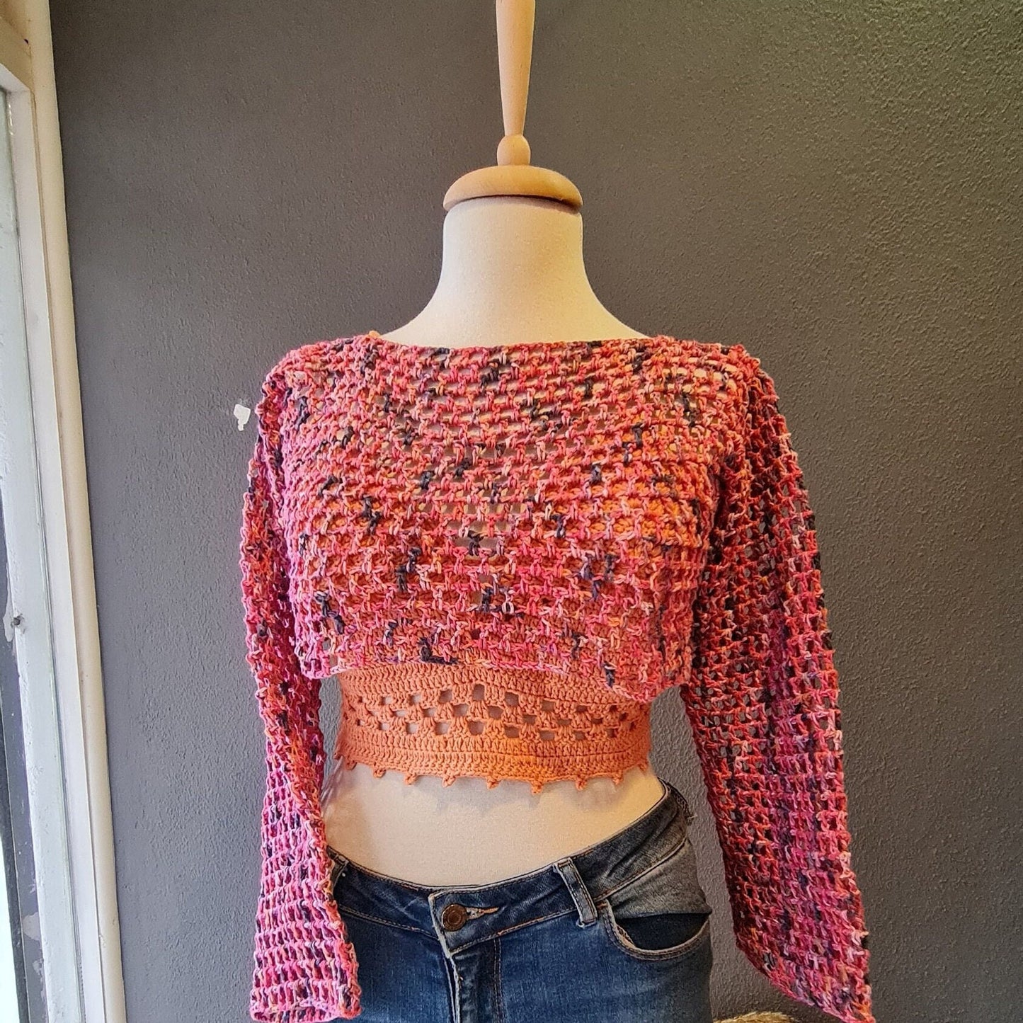 Crochet Mesh Crop Top Pattern, Long Sleeve Crochet Sweater,  Cute Mesh Top