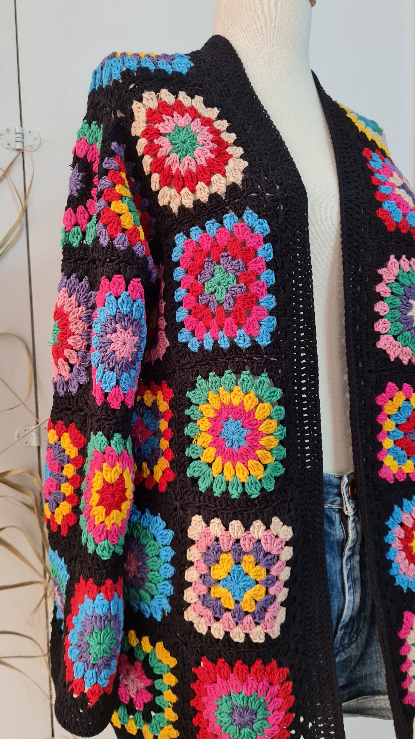 Colorful Crochet Cardigan, Four Season Sweater, Boho Jacket, Granny Square Design, Vintage Design