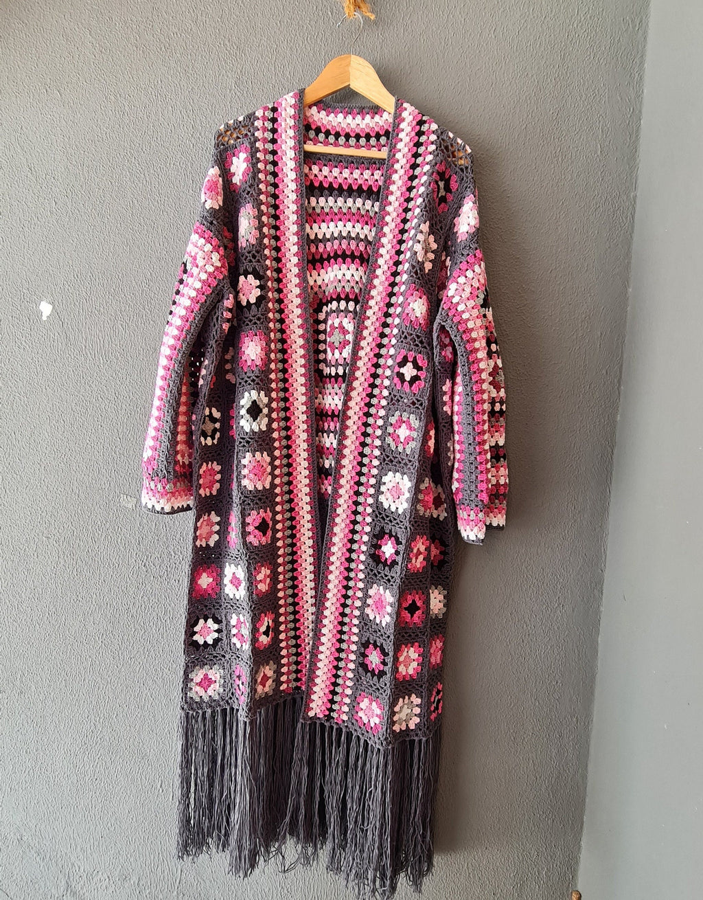 Granny Square Crochet Cardigan: Fringed Open Front Coat, Pink Purple Grey