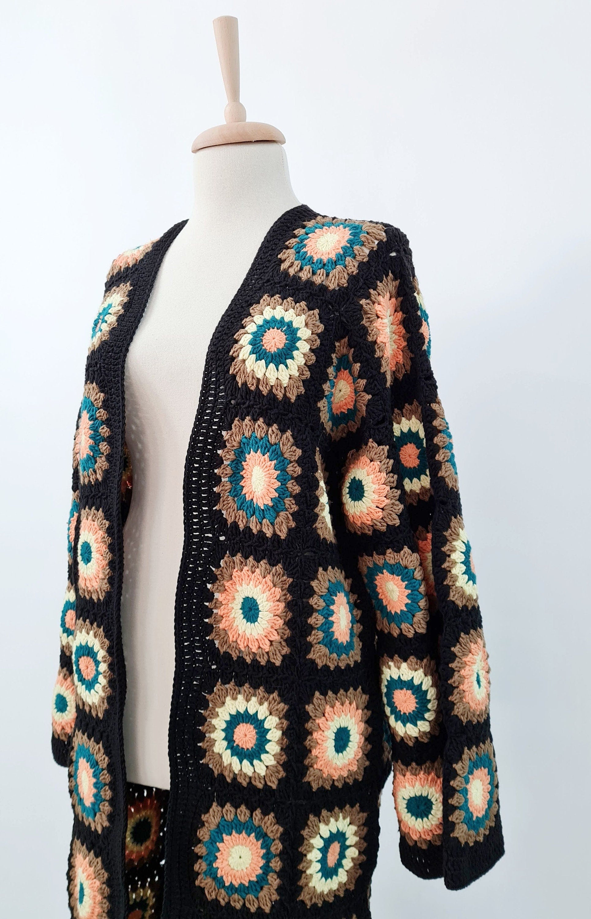 Crochet Granny Square Cardigan: Boho Cotton Afghan Coat