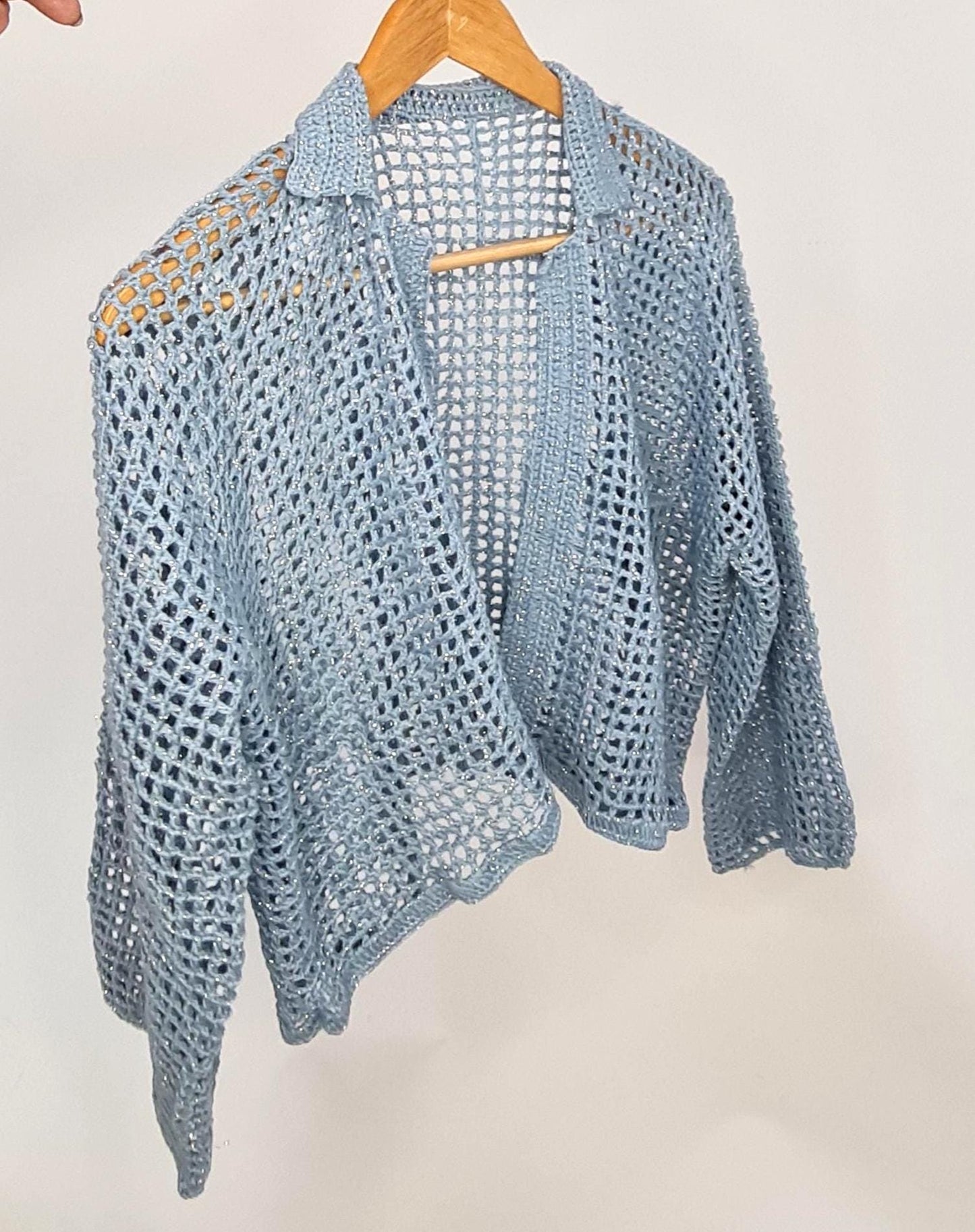 Crochet Mesh Shirt with pocket, modern written, Planner Gift, Long Sleeve Jacket, Mesh Jacket, Unisex Crochet Shirt, Glitter Net Crochet Top