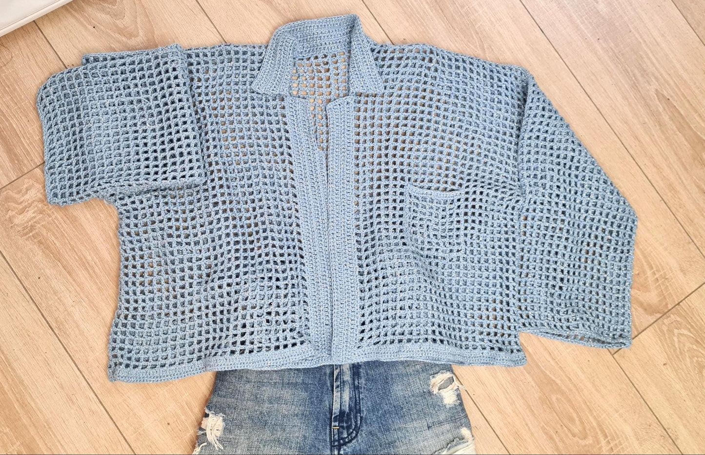 Crochet Mesh Shirt with pocket, modern written, Planner Gift, Long Sleeve Jacket, Mesh Jacket, Unisex Crochet Shirt, Glitter Net Crochet Top