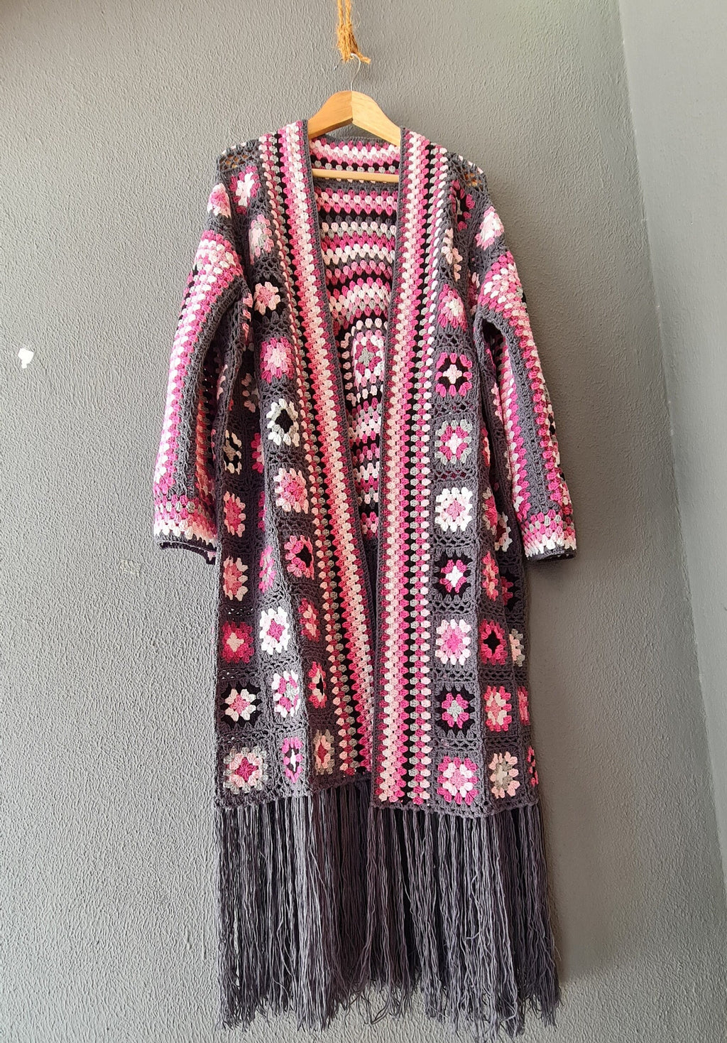 Granny Square Crochet Cardigan: Fringed Open Front Coat, Pink Purple Grey