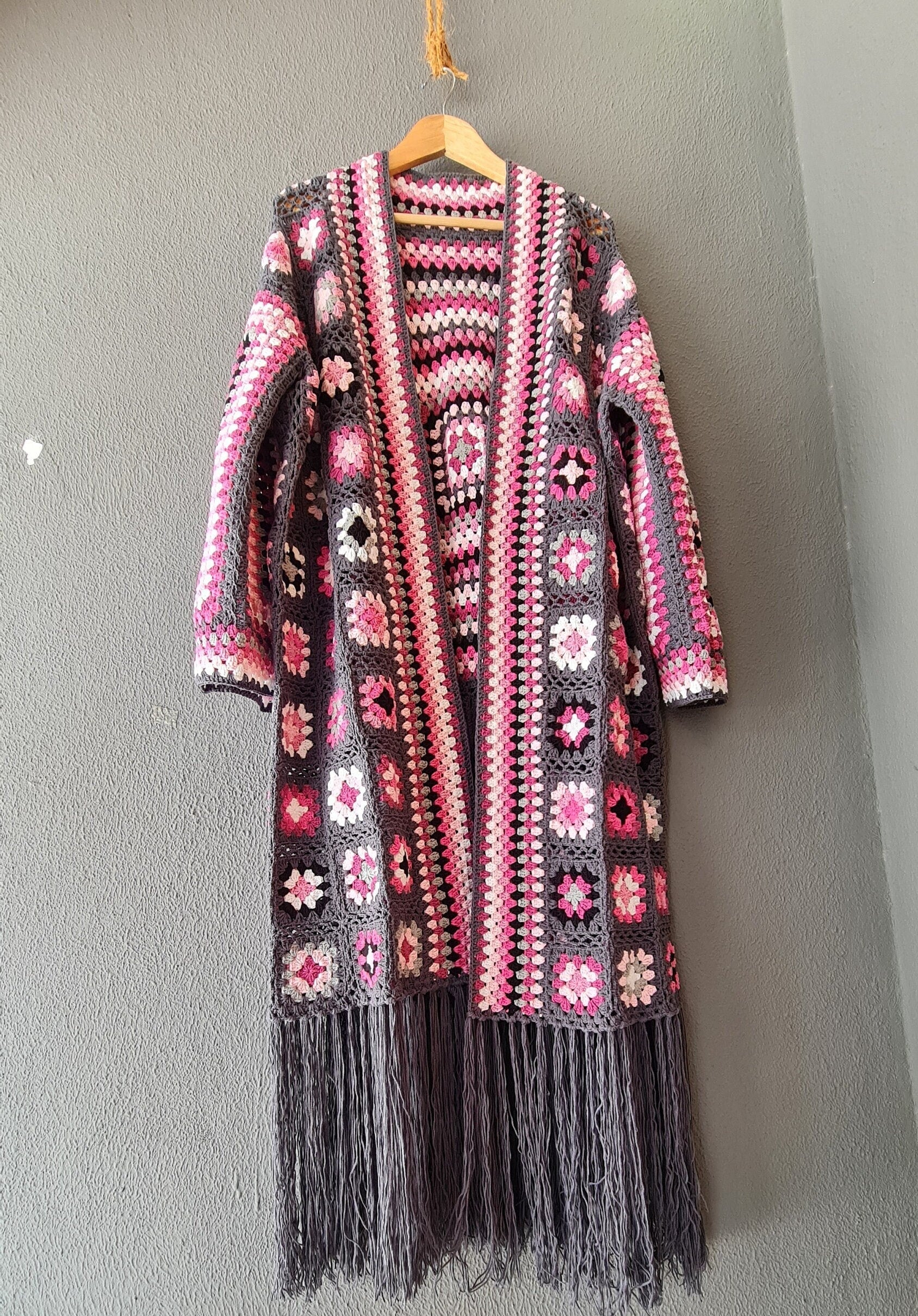 Granny Square Crochet Cardigan: Fringed Open Front Coat, Pink Purple Grey