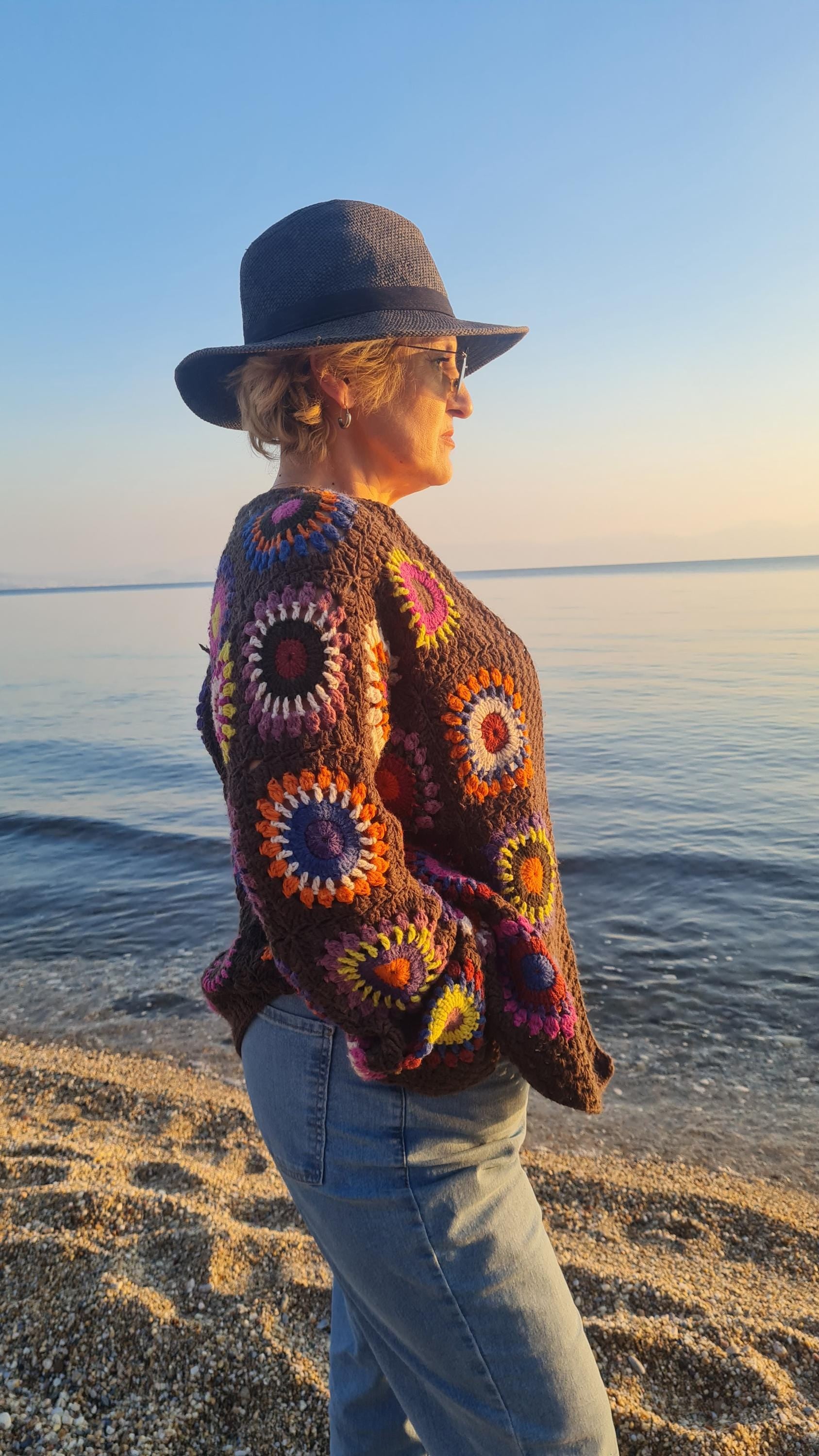 Handmade Granny Square Crochet Cardigan: Brown Merino Wool, Boho Chic