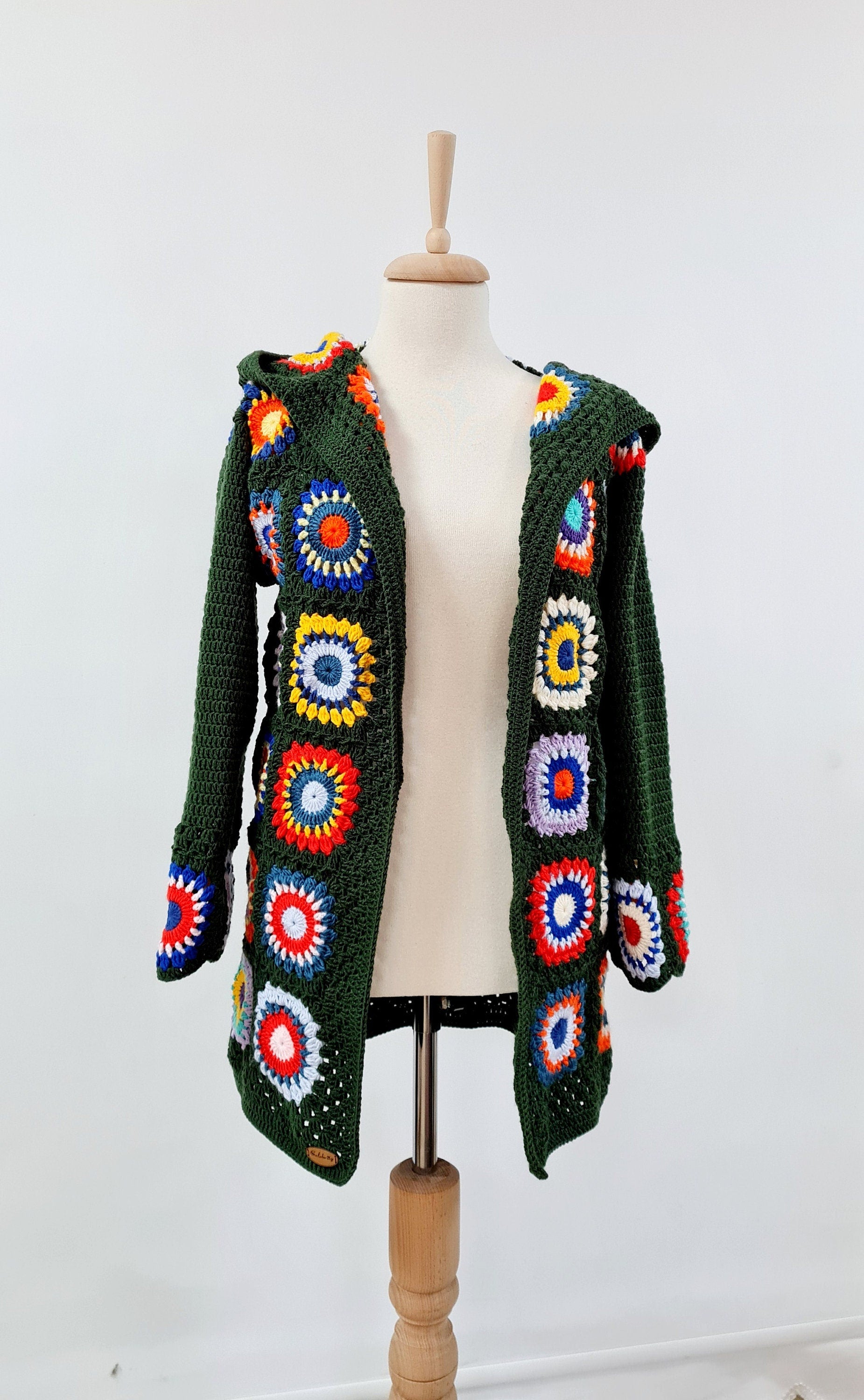 Handmade Crochet Hooded Cardigan: Green Granny Square Sweater