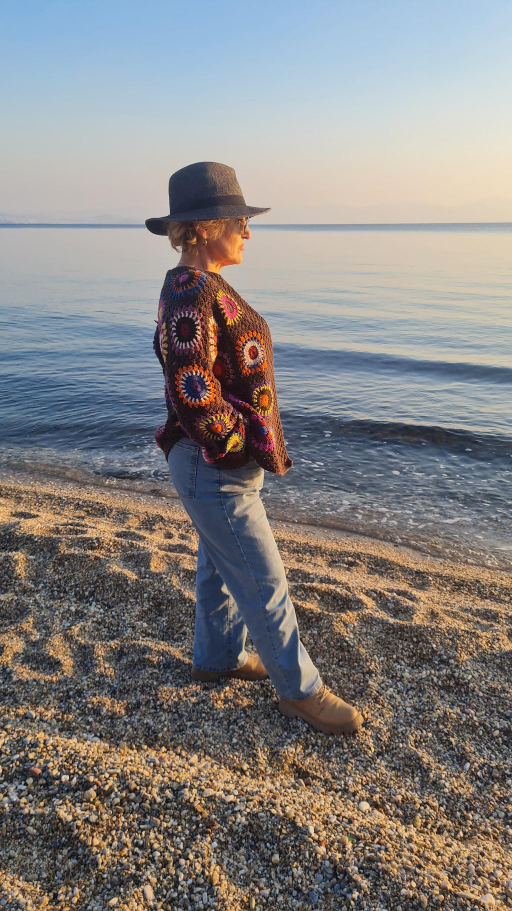 Handmade Granny Square Crochet Cardigan: Brown Merino Wool, Boho Chic