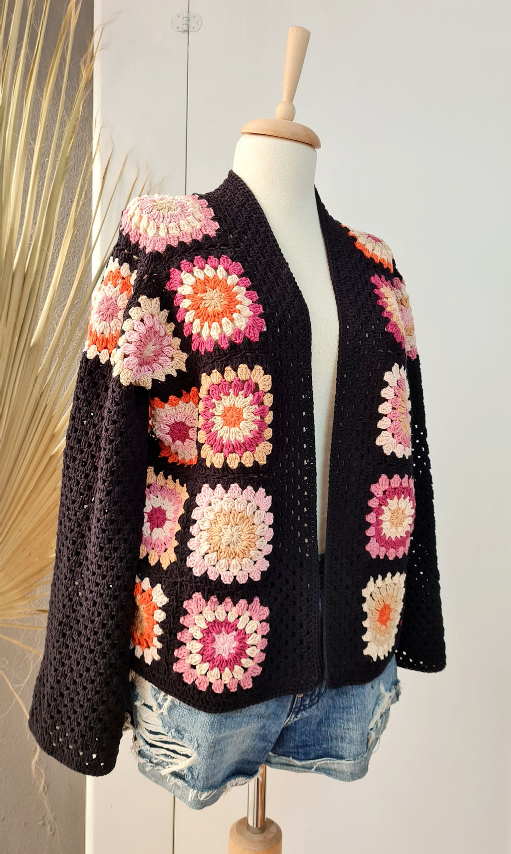 Black Crochet Granny Square Cardigan: Handmade Open Front Sweater