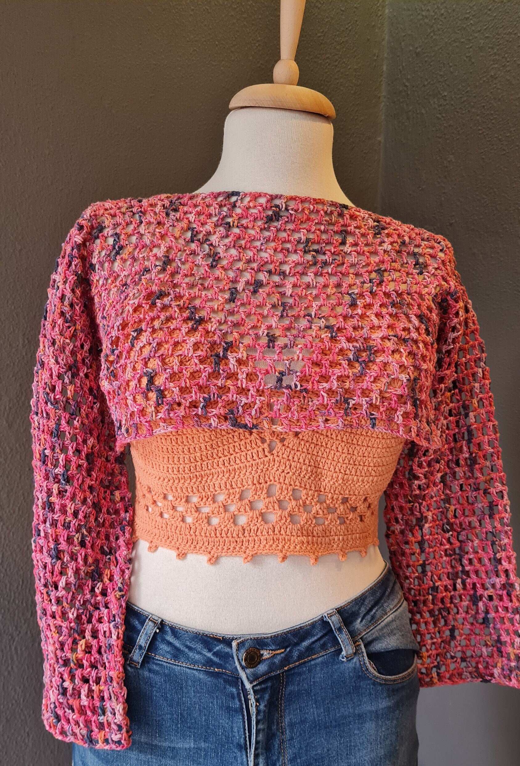 Crochet Mesh Crop Top Pattern, Long Sleeve Shrug (PDF Pattern)